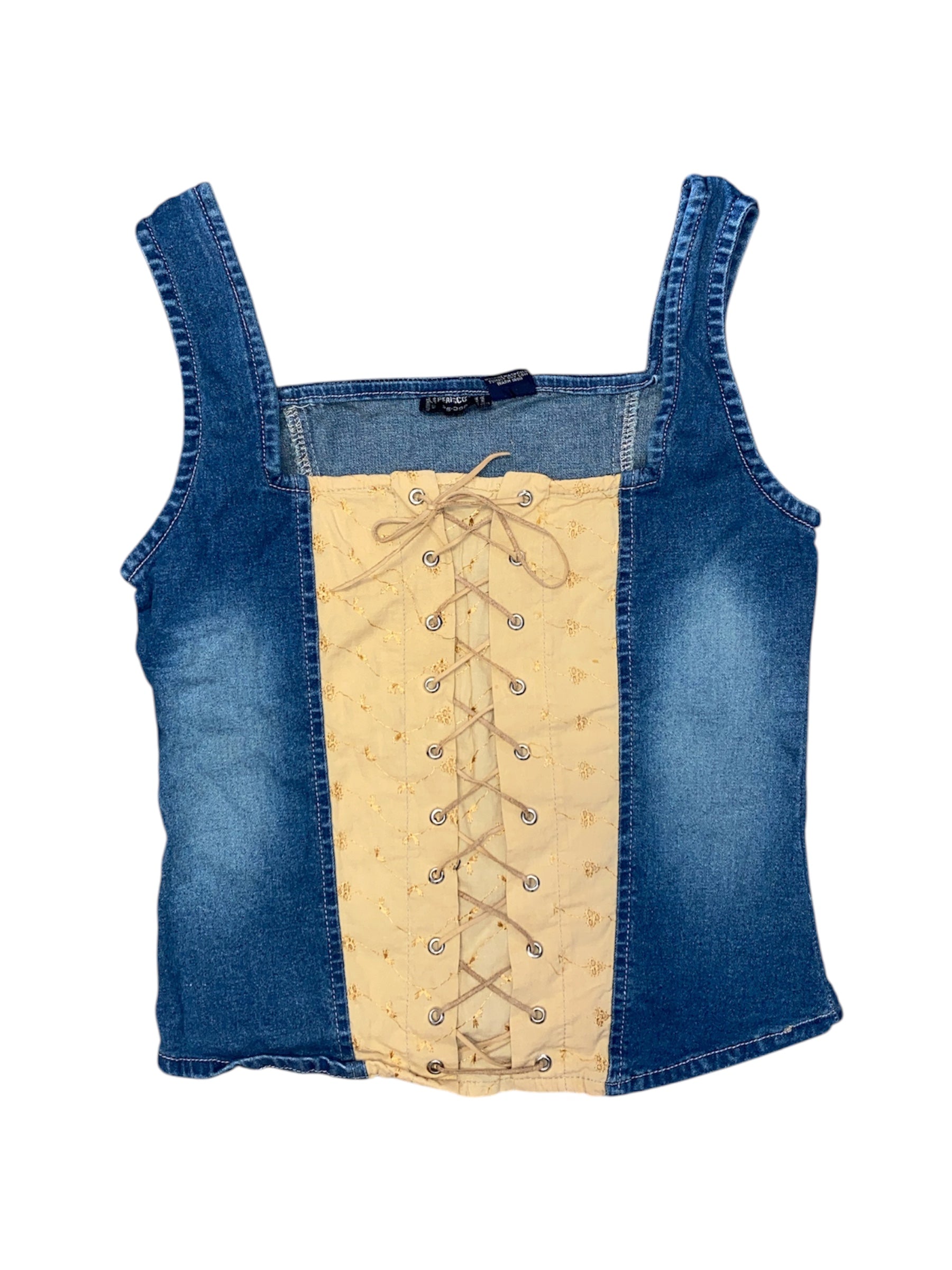 Blue tan Periscope Two-tone denim lace up tank, S