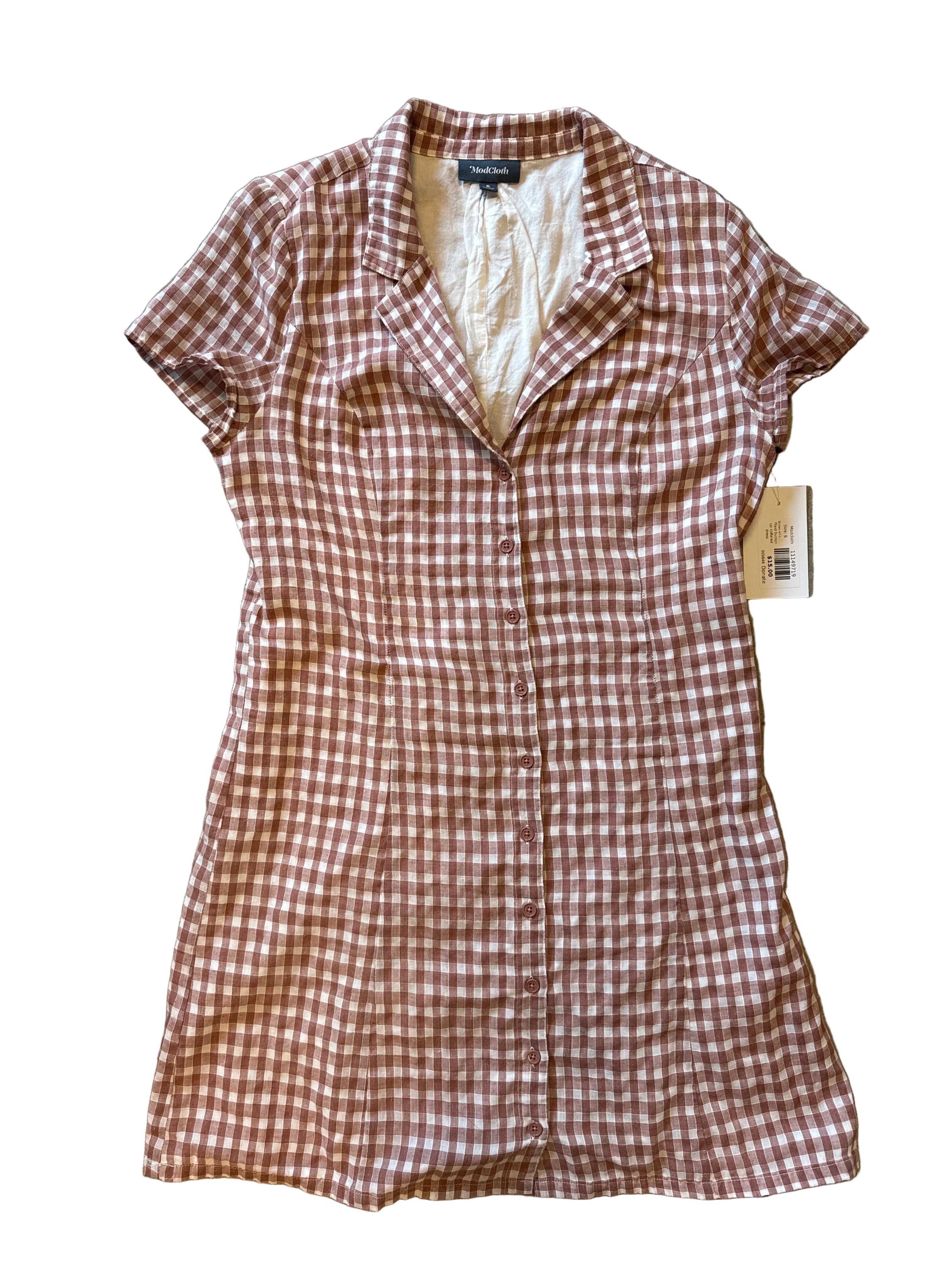 Brown white Modcloth Plaid button up collared dress, 6
