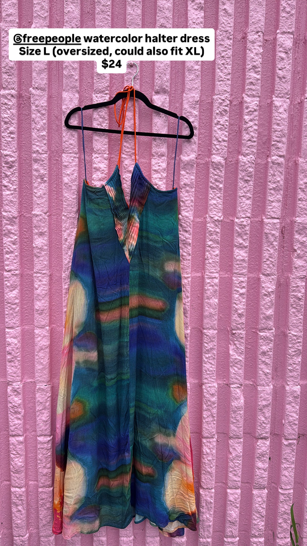 blue orange free people watercolor halter max dress, L