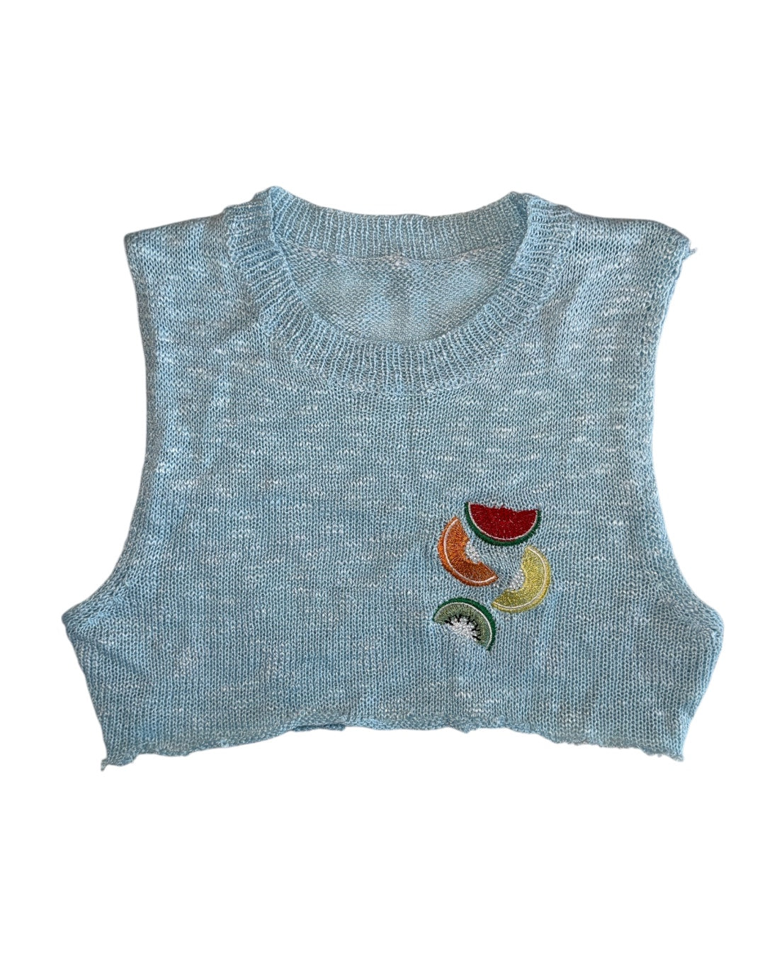 blue knit embroidered fruit cutoff tank, xs