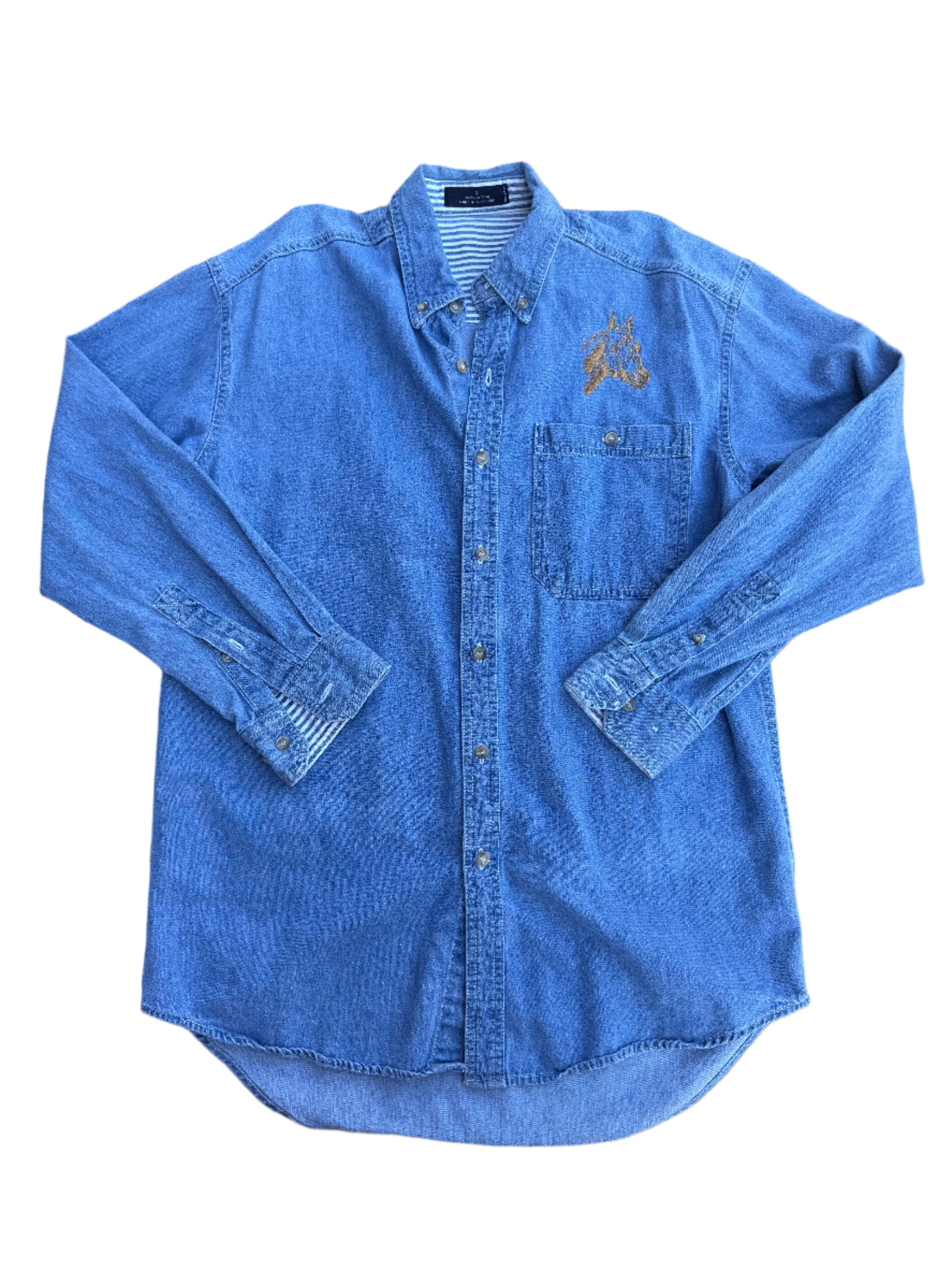 blue horse denim button down, s