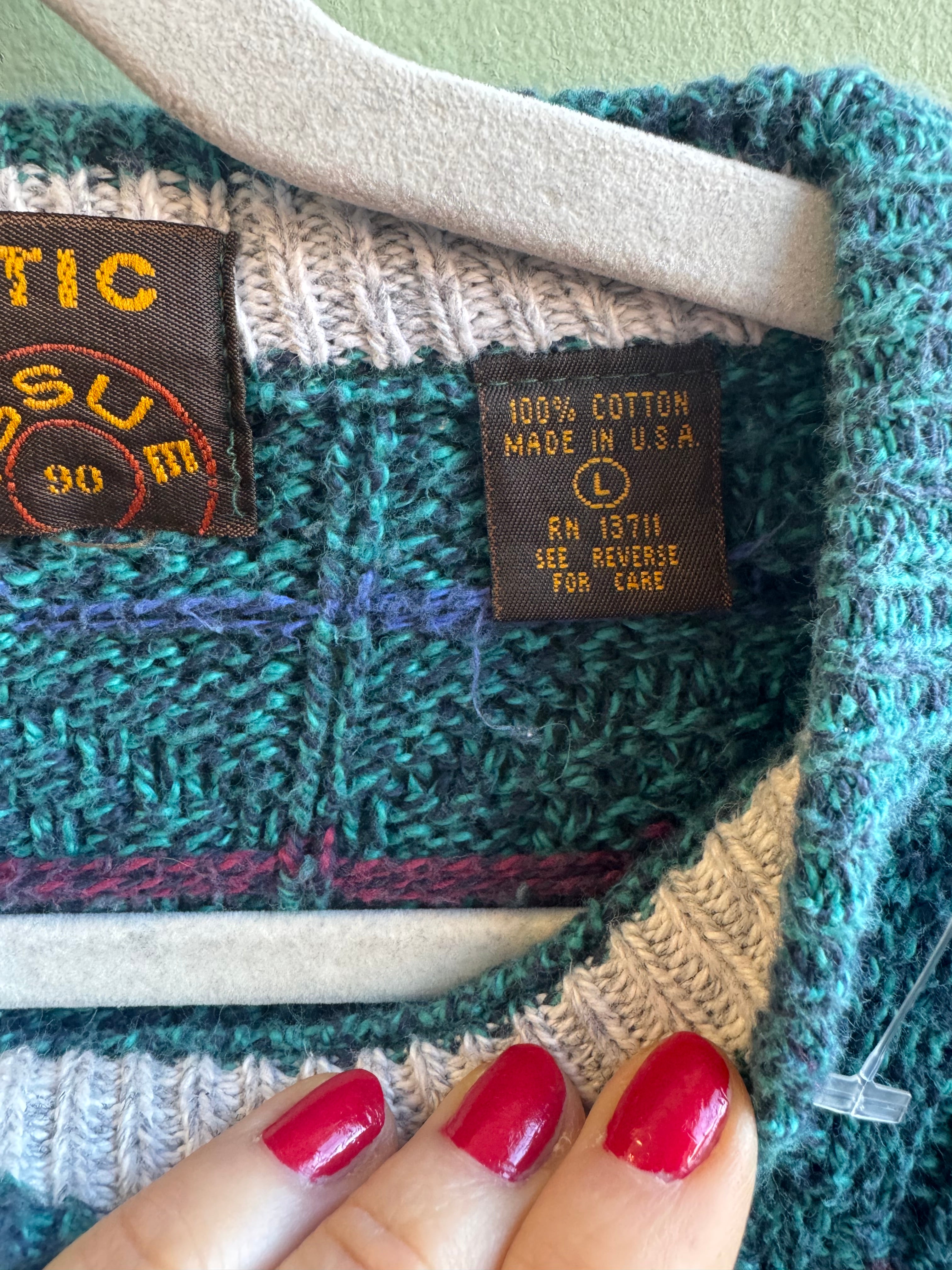 teal blue white yellow authentic peppered sweater, L