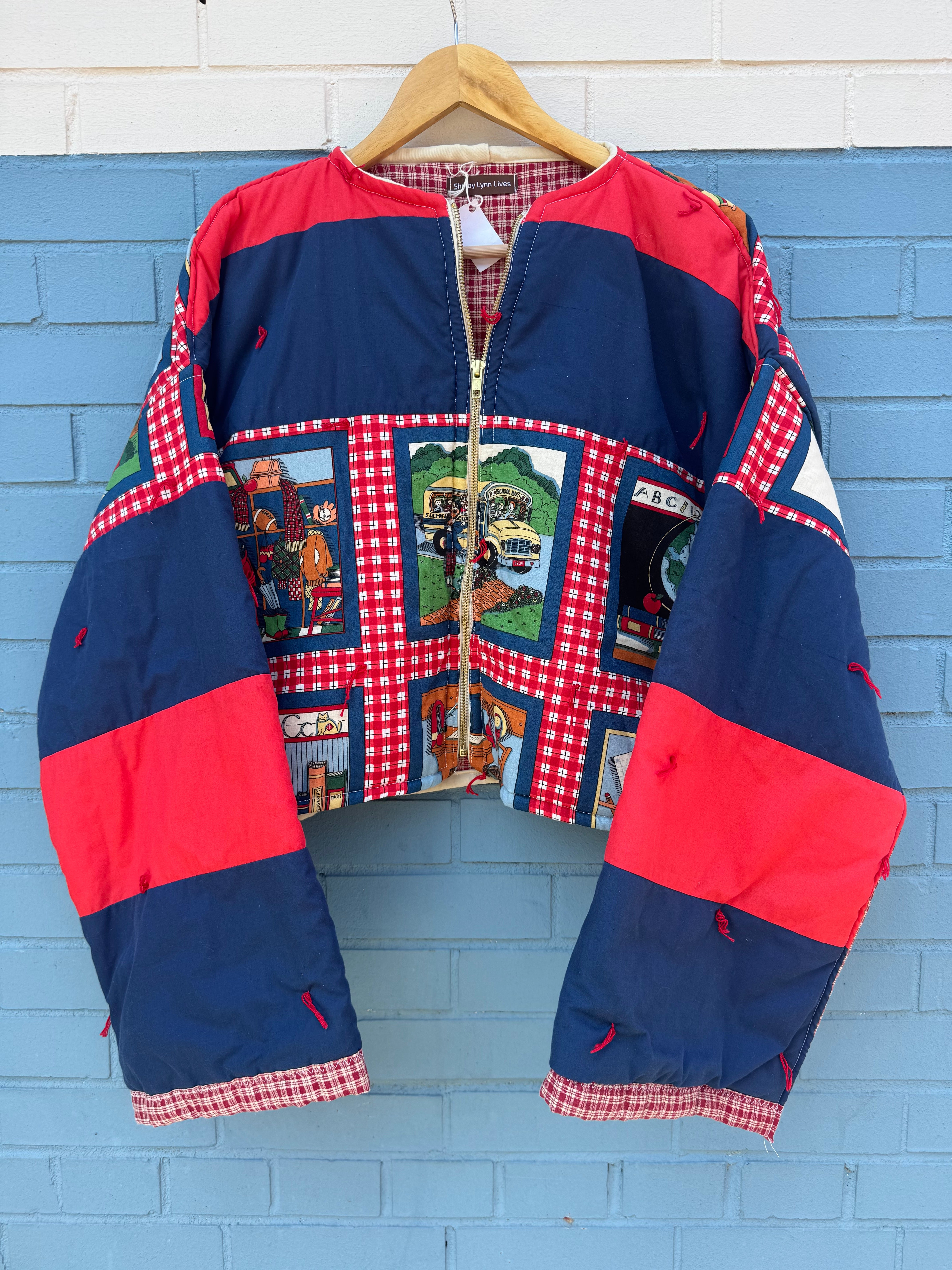 Blue red Shelby Lynn lives Handmade quilted school jacket, L