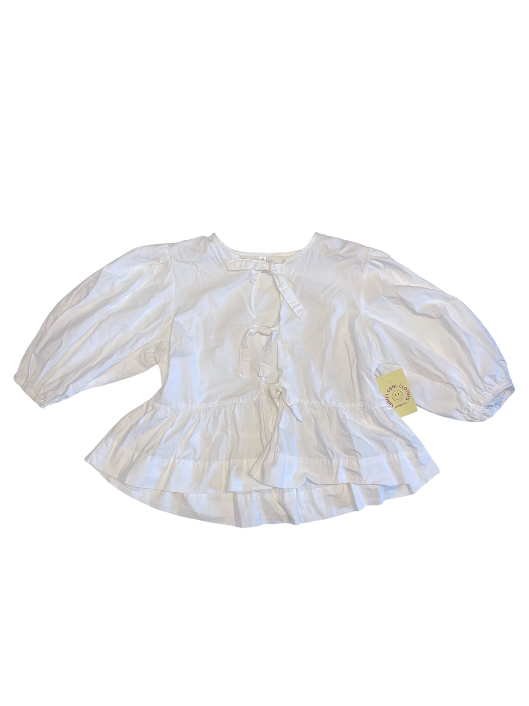 white front tie quarter poofy sleeve top, s
