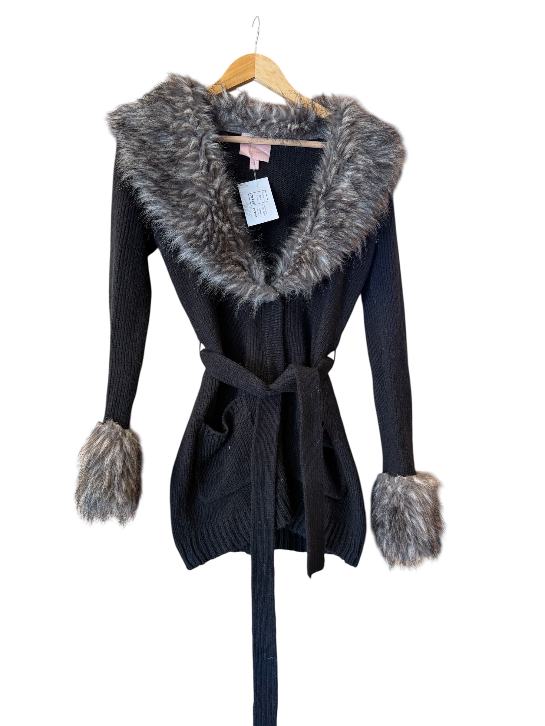 Black gray Romeo and juliet couture Faux fur collar and cuffs sweater, S