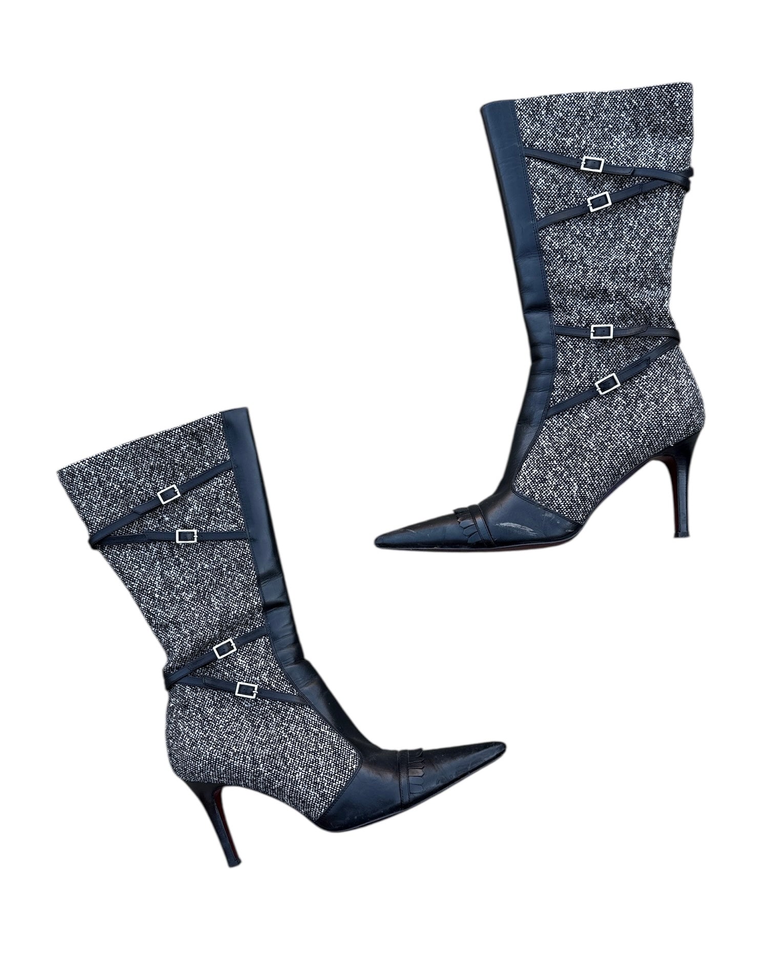 black gray carlos alberto tweed pointed boots w leather details, 7.5