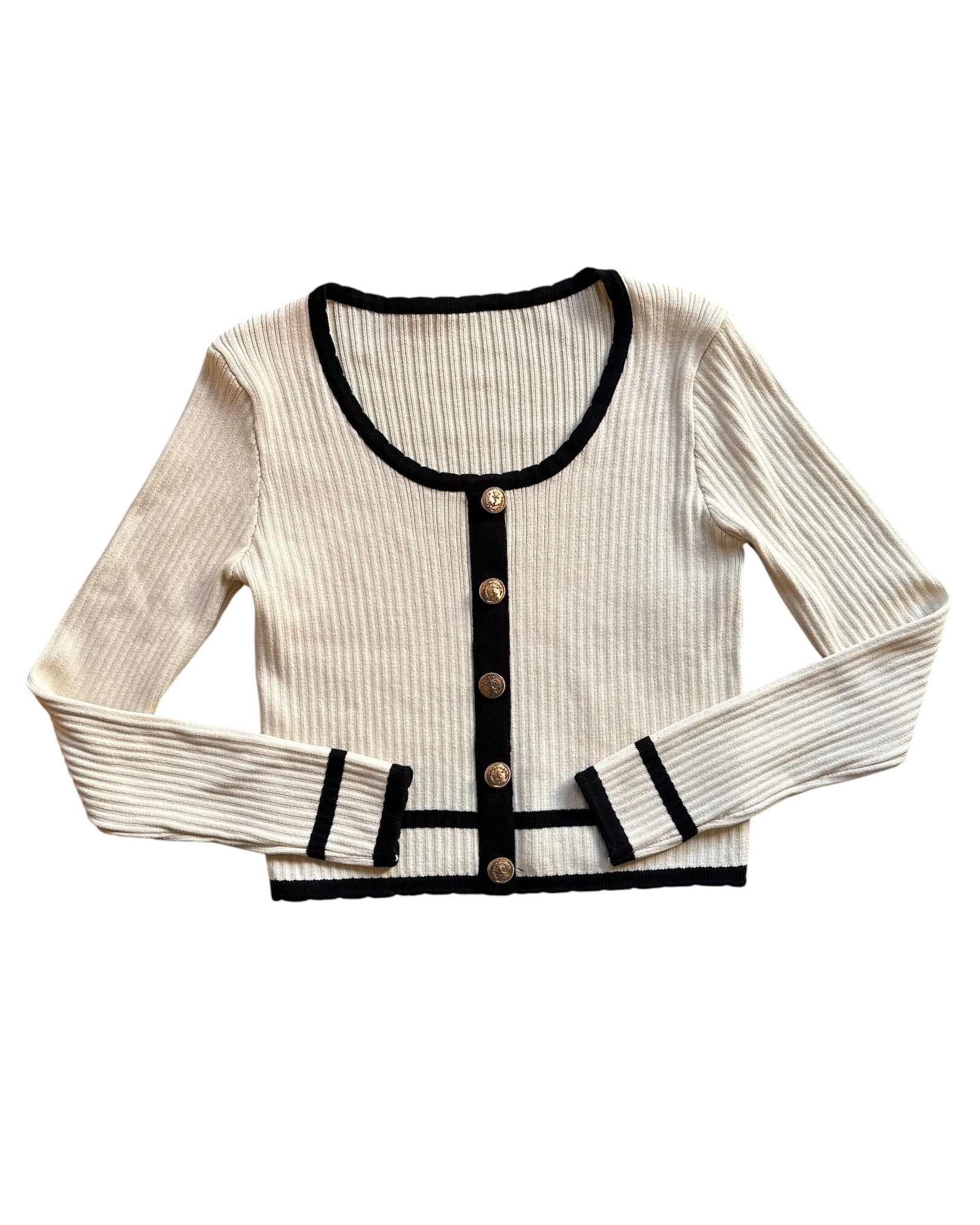 cream black commense button up ls top, xs