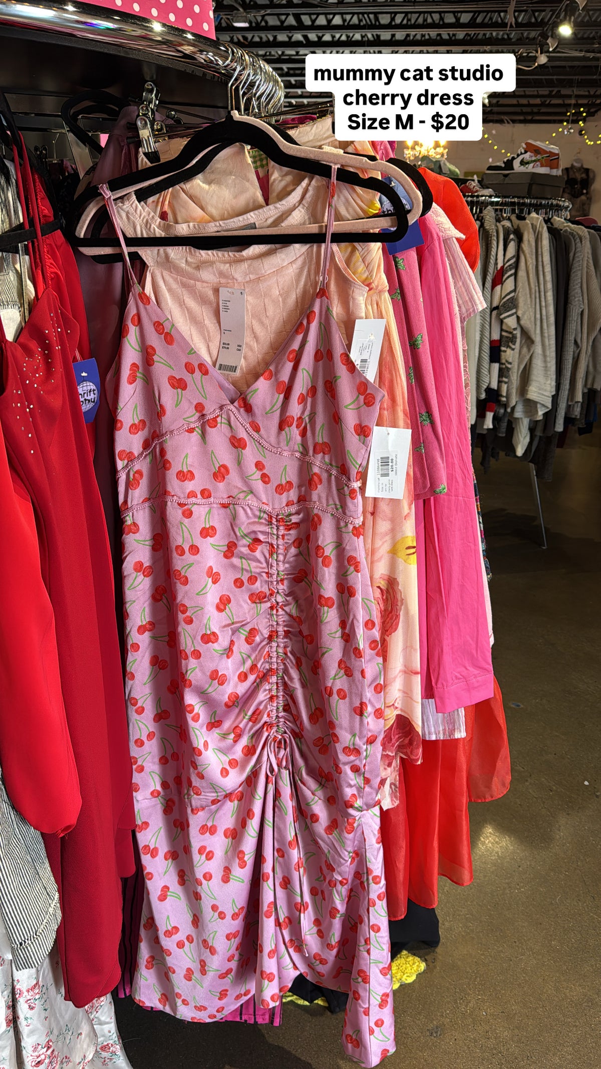 pink red mummy cat cherry print tank dress, m