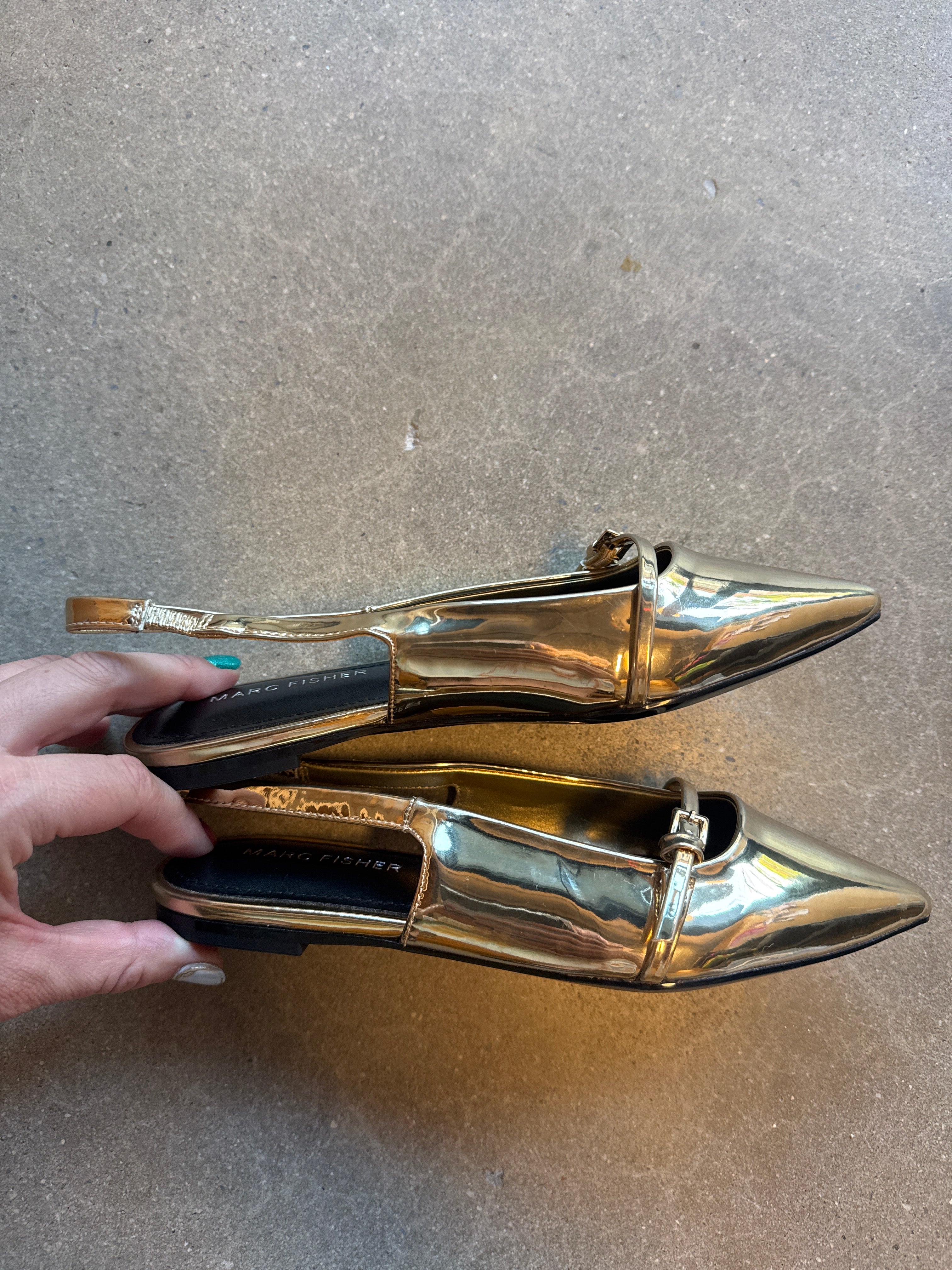 gold marc fisher shiny pointy flats, 5