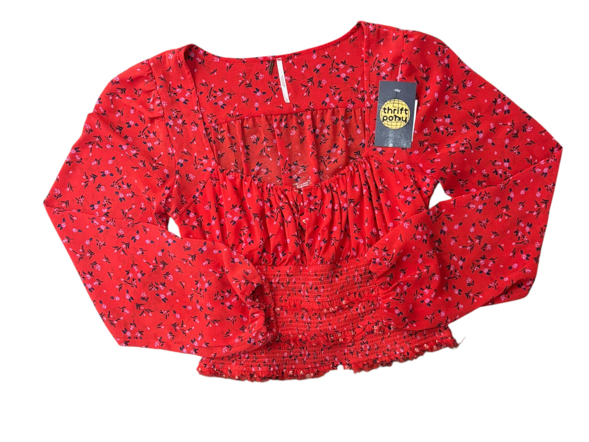 red blue free people floral ls smocked top, s