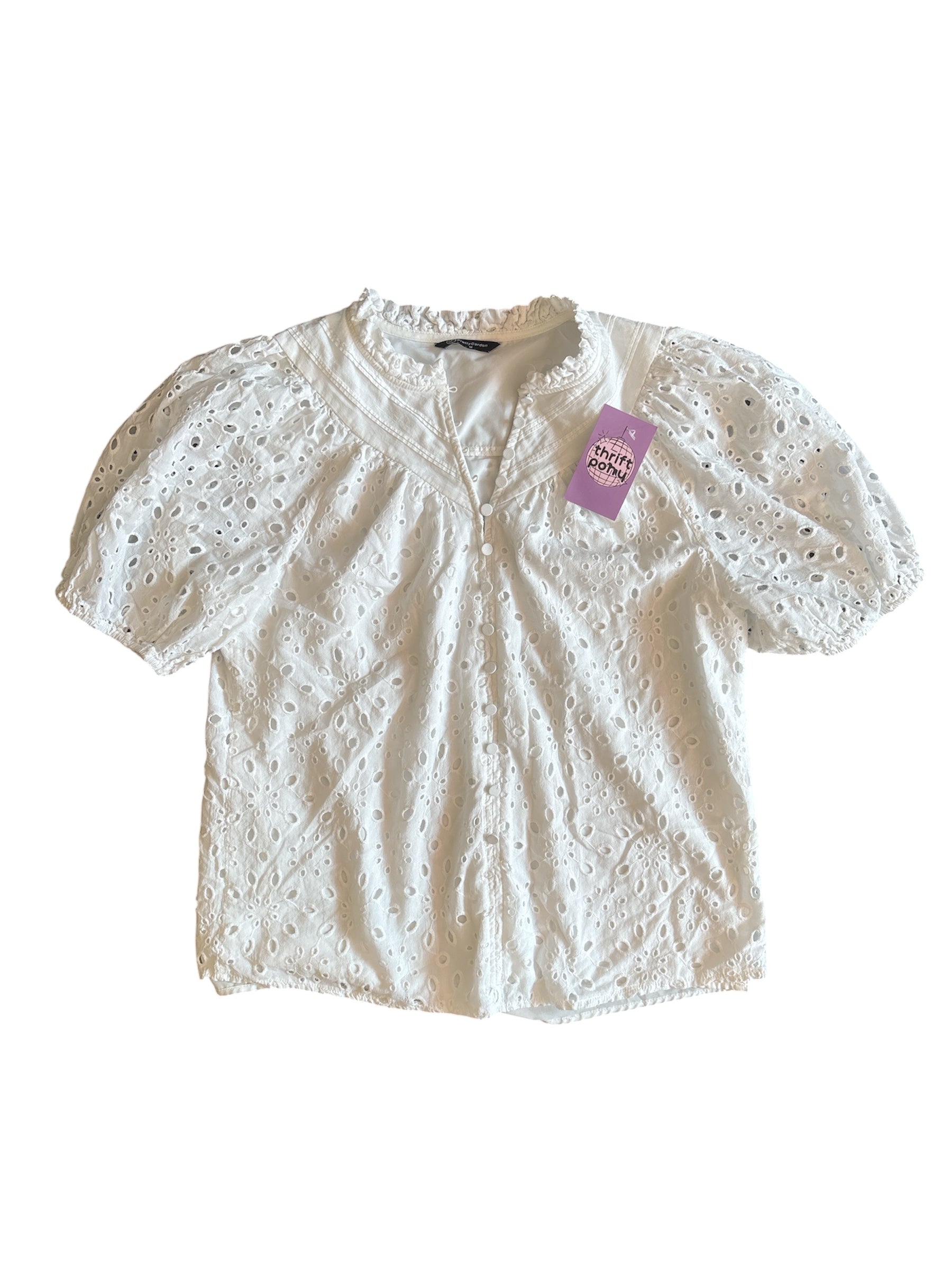 White Pretty garden Eyelet puff sleeve blouse, M