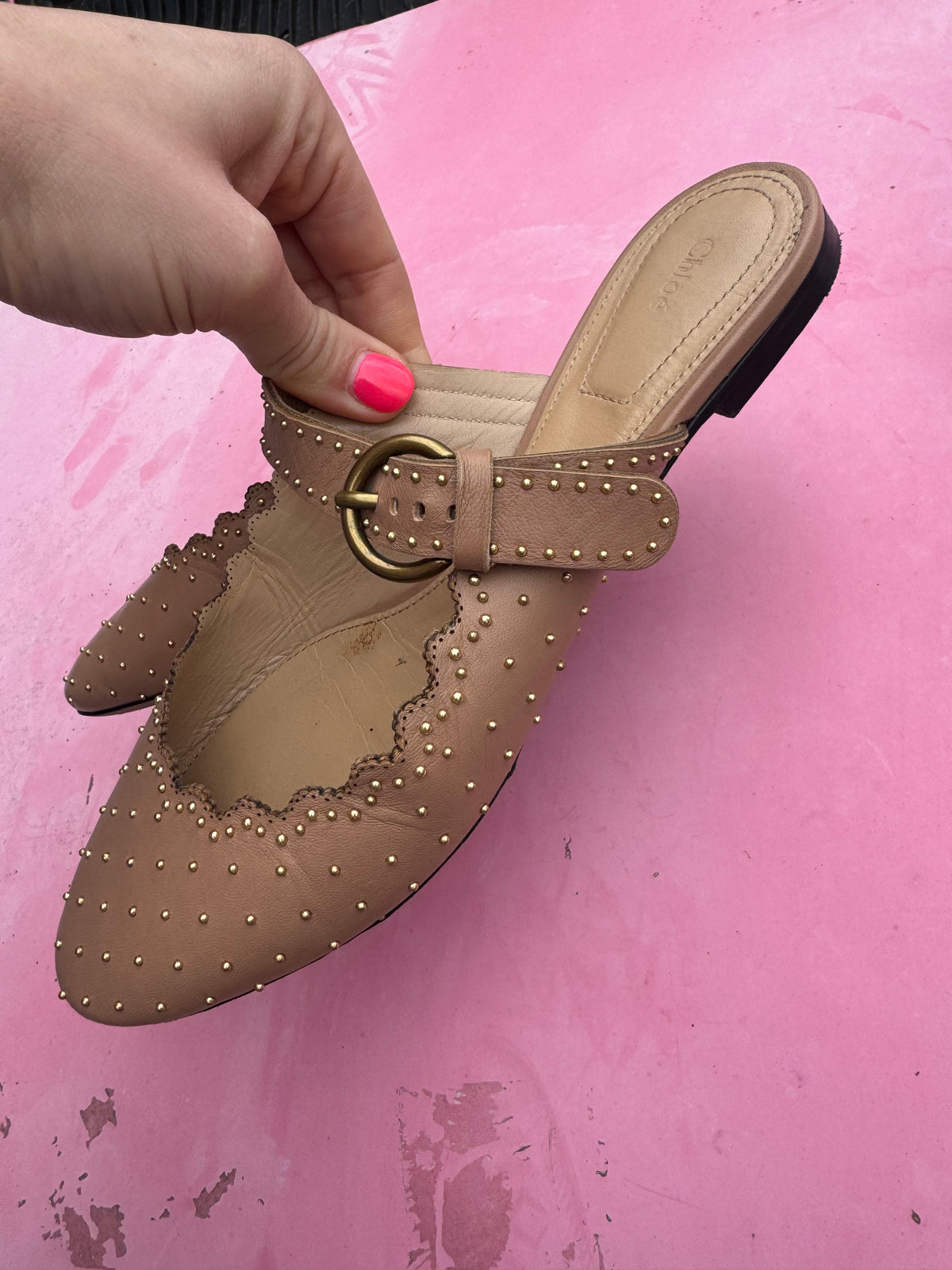 tan gold chloe studded slip on mary jane flats, 36.5