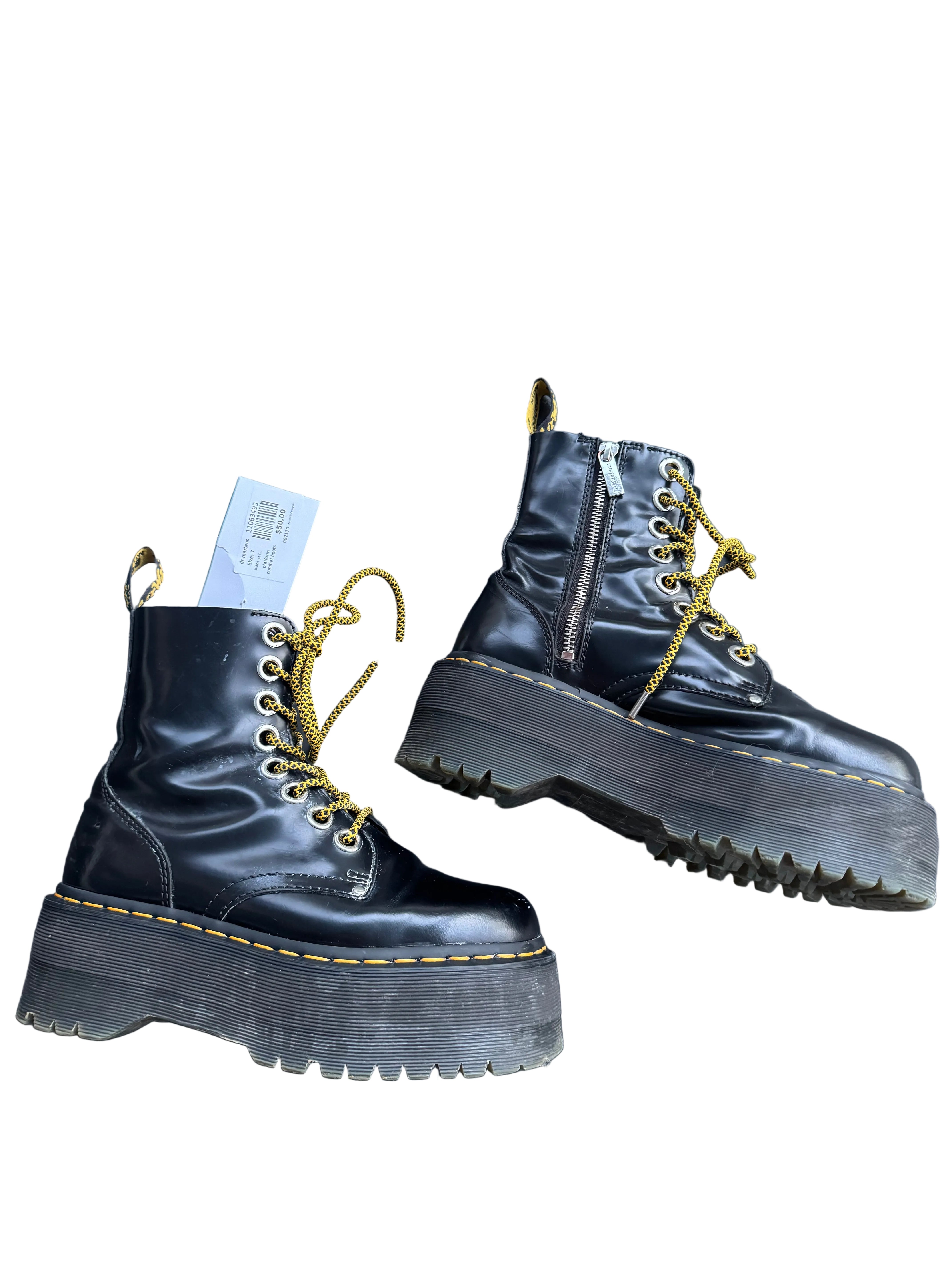 black yellow dr martens platform combat boots, 7 women’s