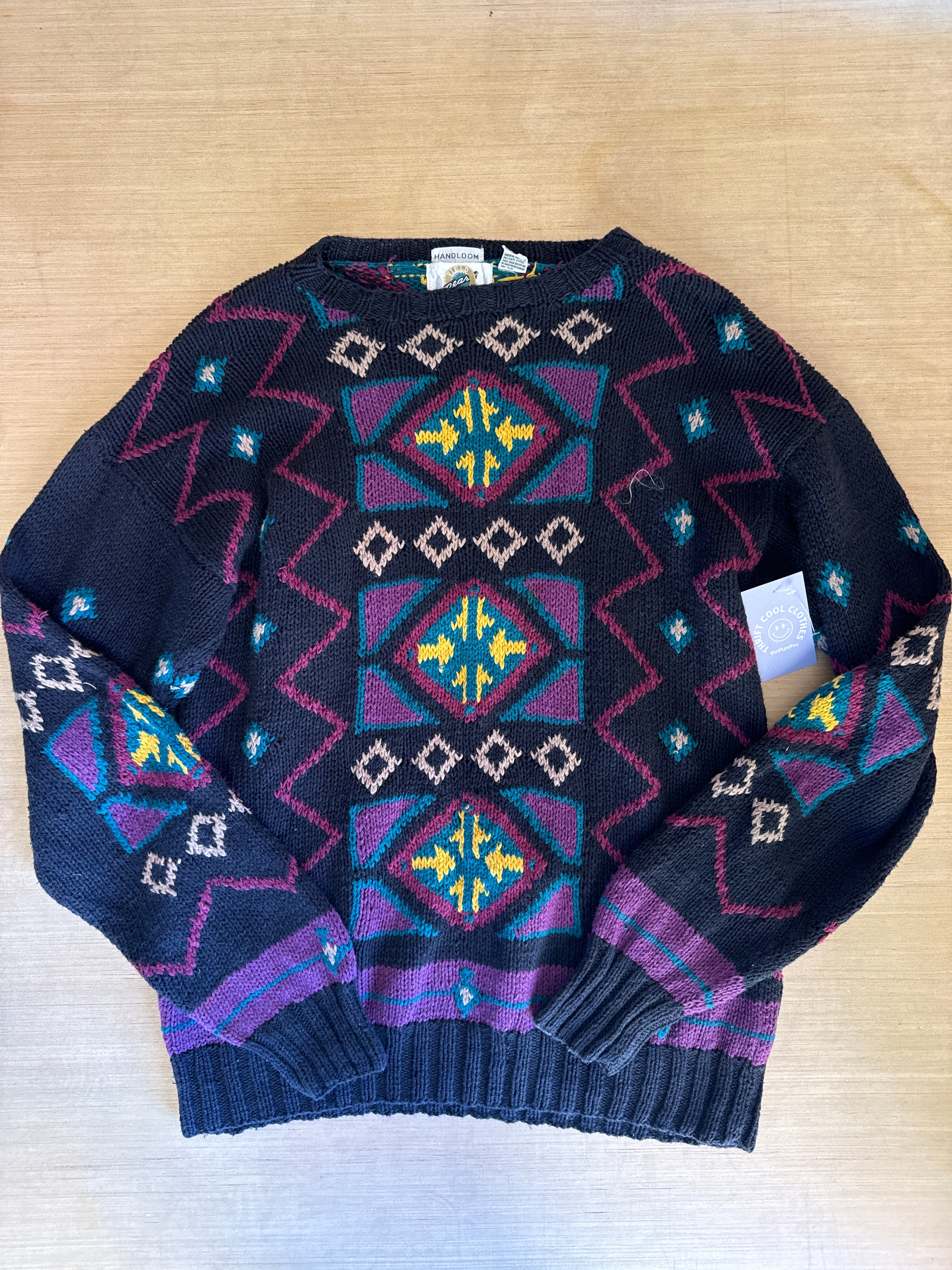 black pink teal gears patterned sweater vtg, L