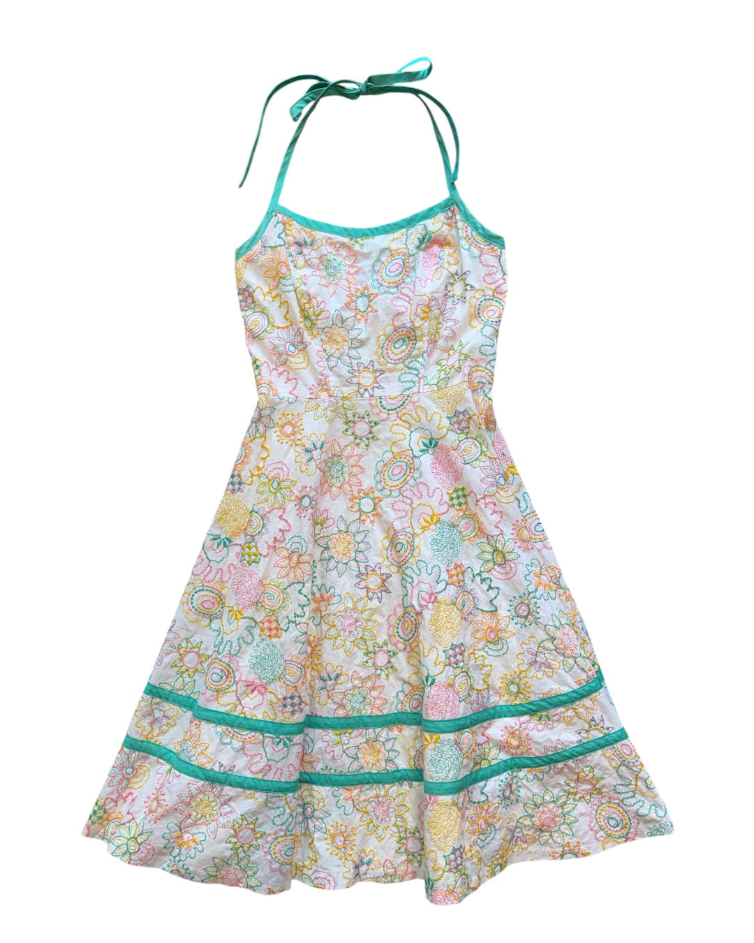 white green yellow Milly embroidered flowers halter dress, 6