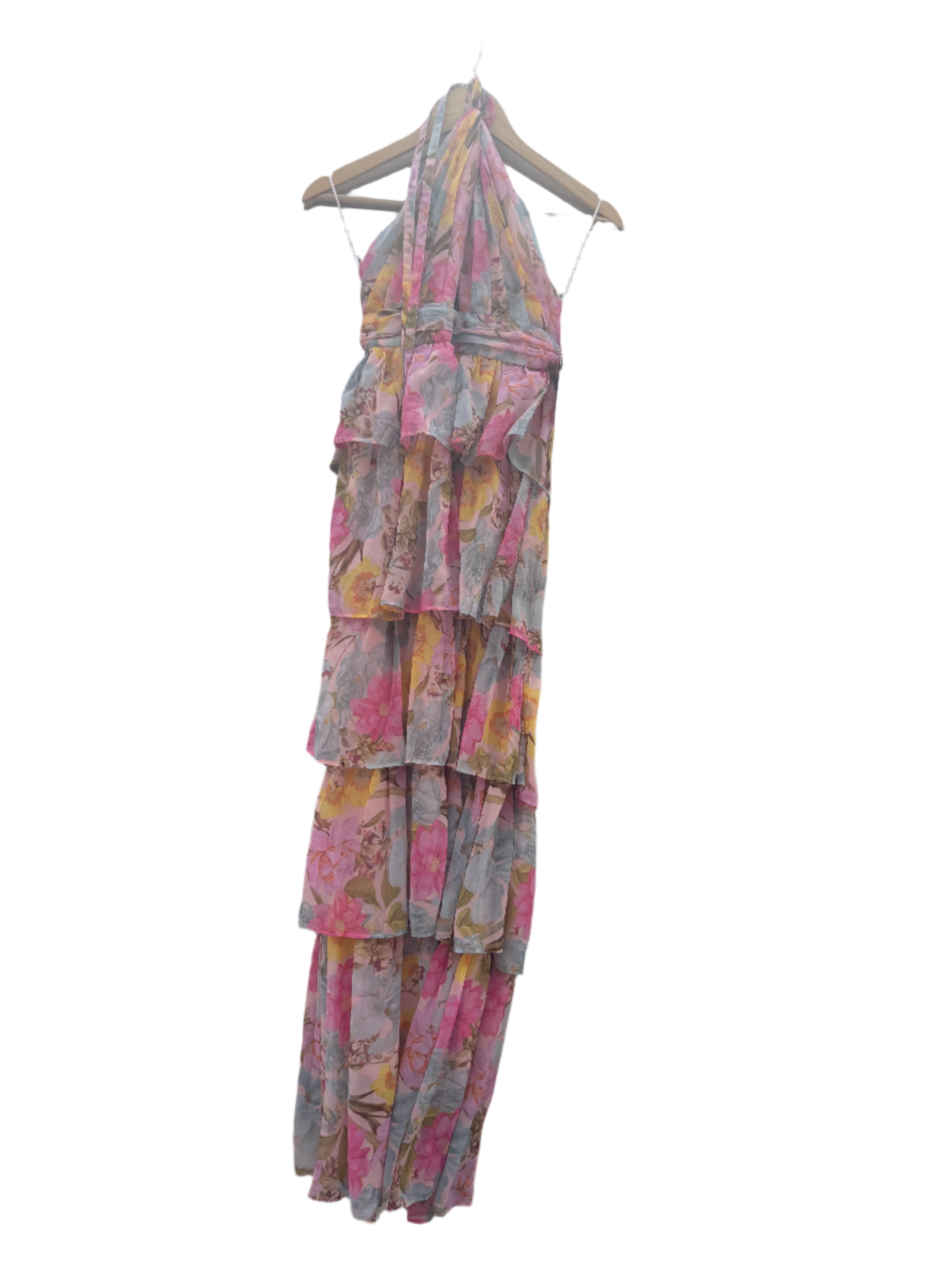 pink blue yellow talulah floral halter tiered dress, s