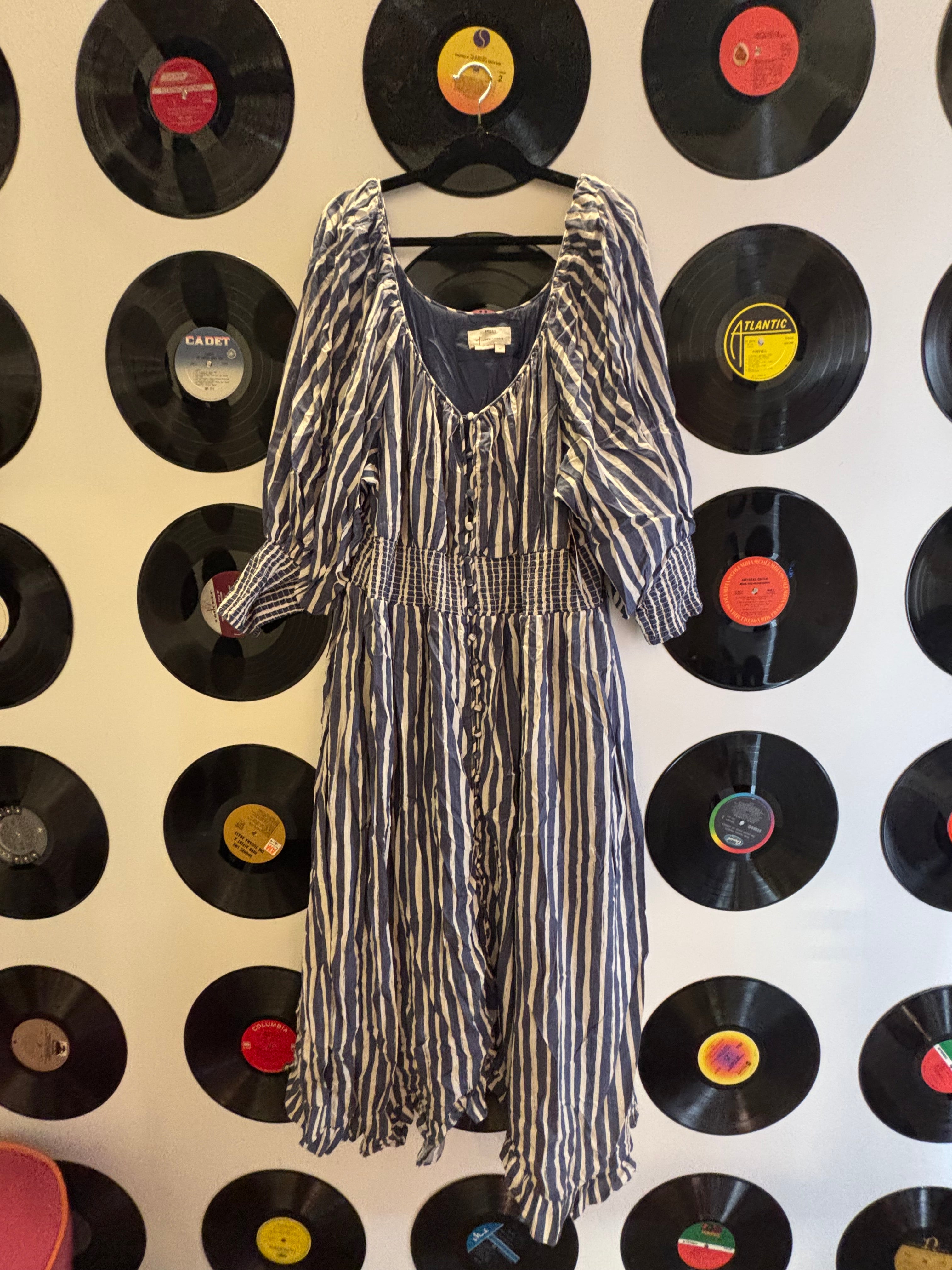 blue white Anthropologie striped flowy dress, 3x
