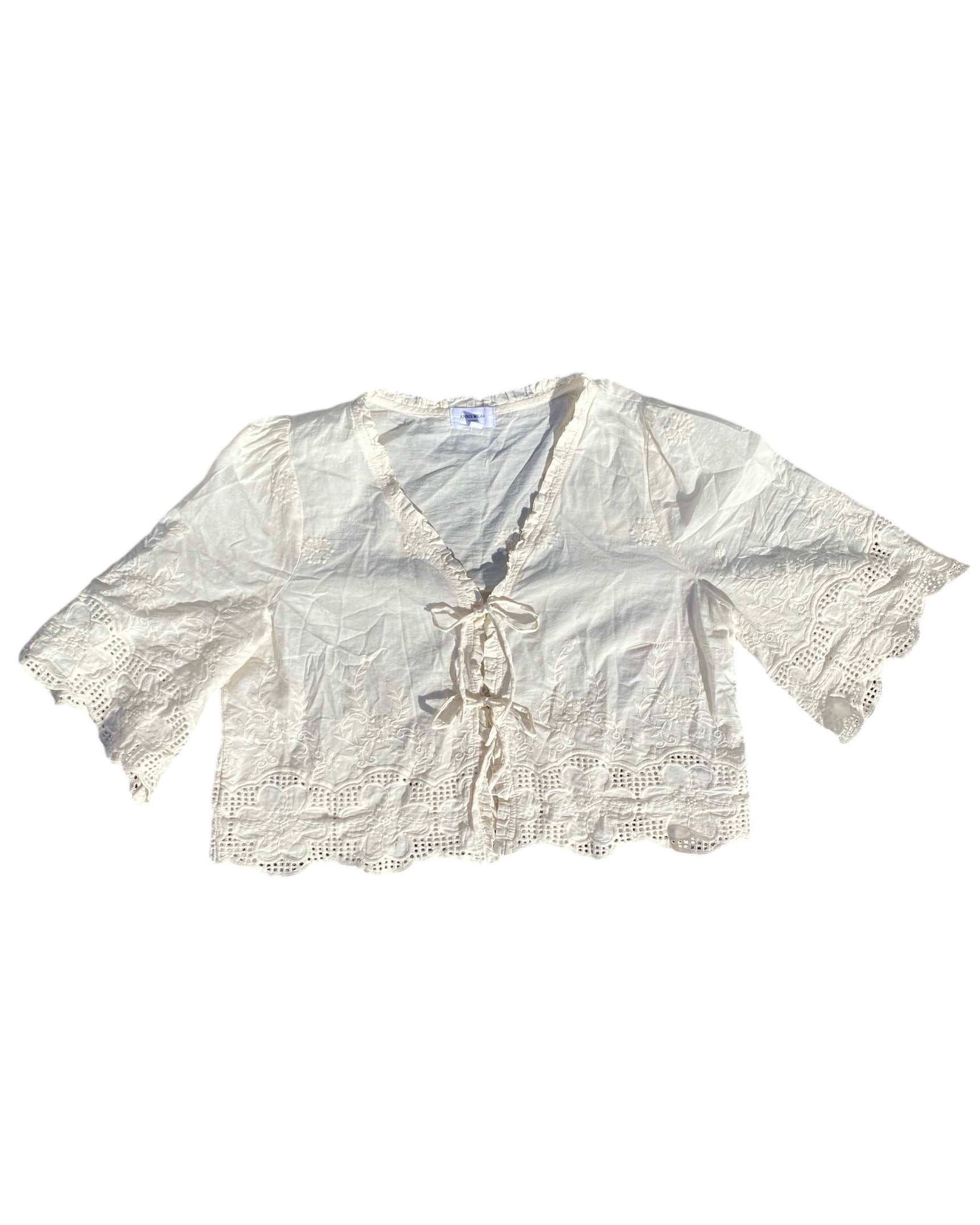 white anniewear eyelet tie top, L