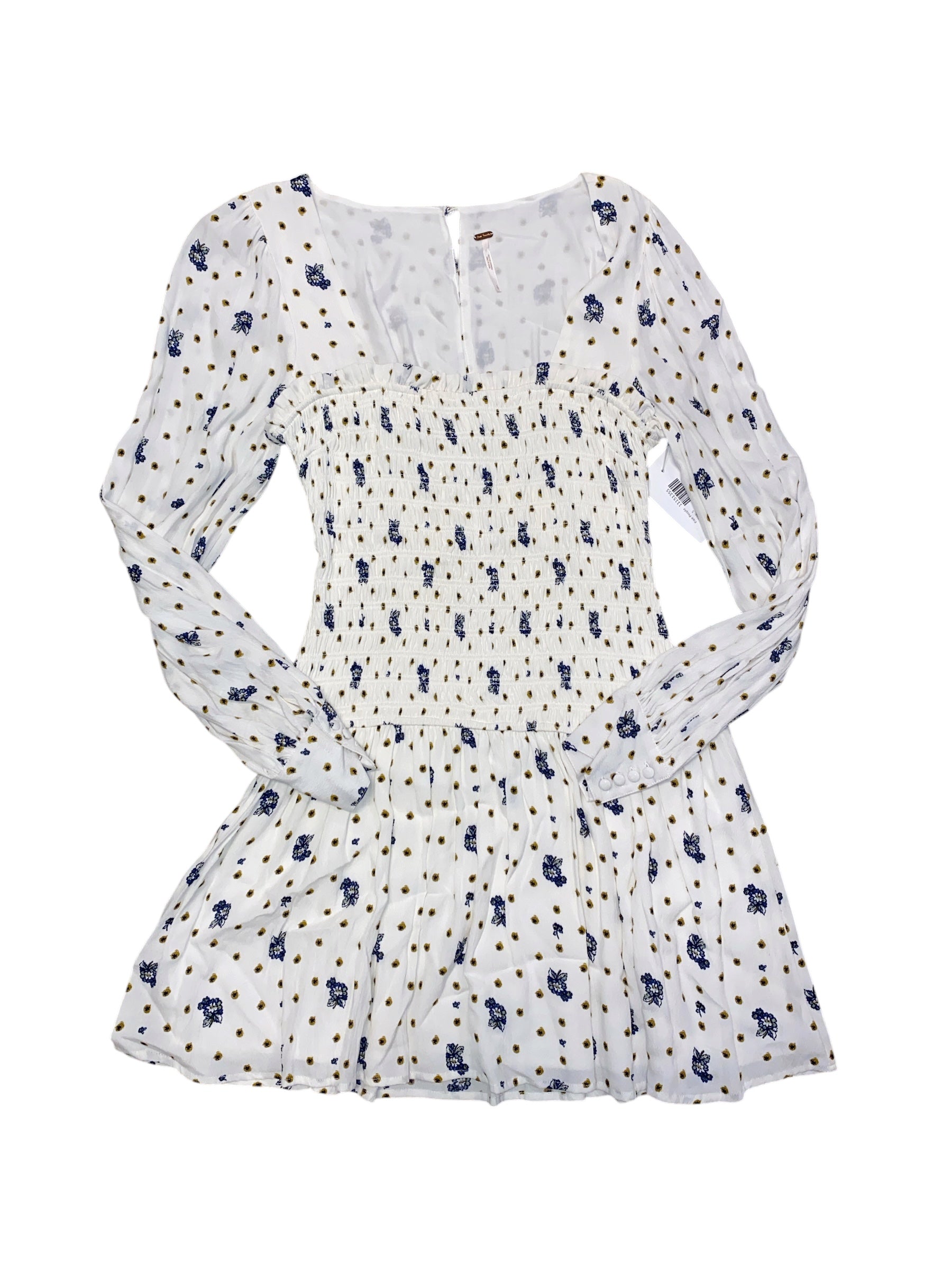 White Free People Floral cinched top ls dress, S
