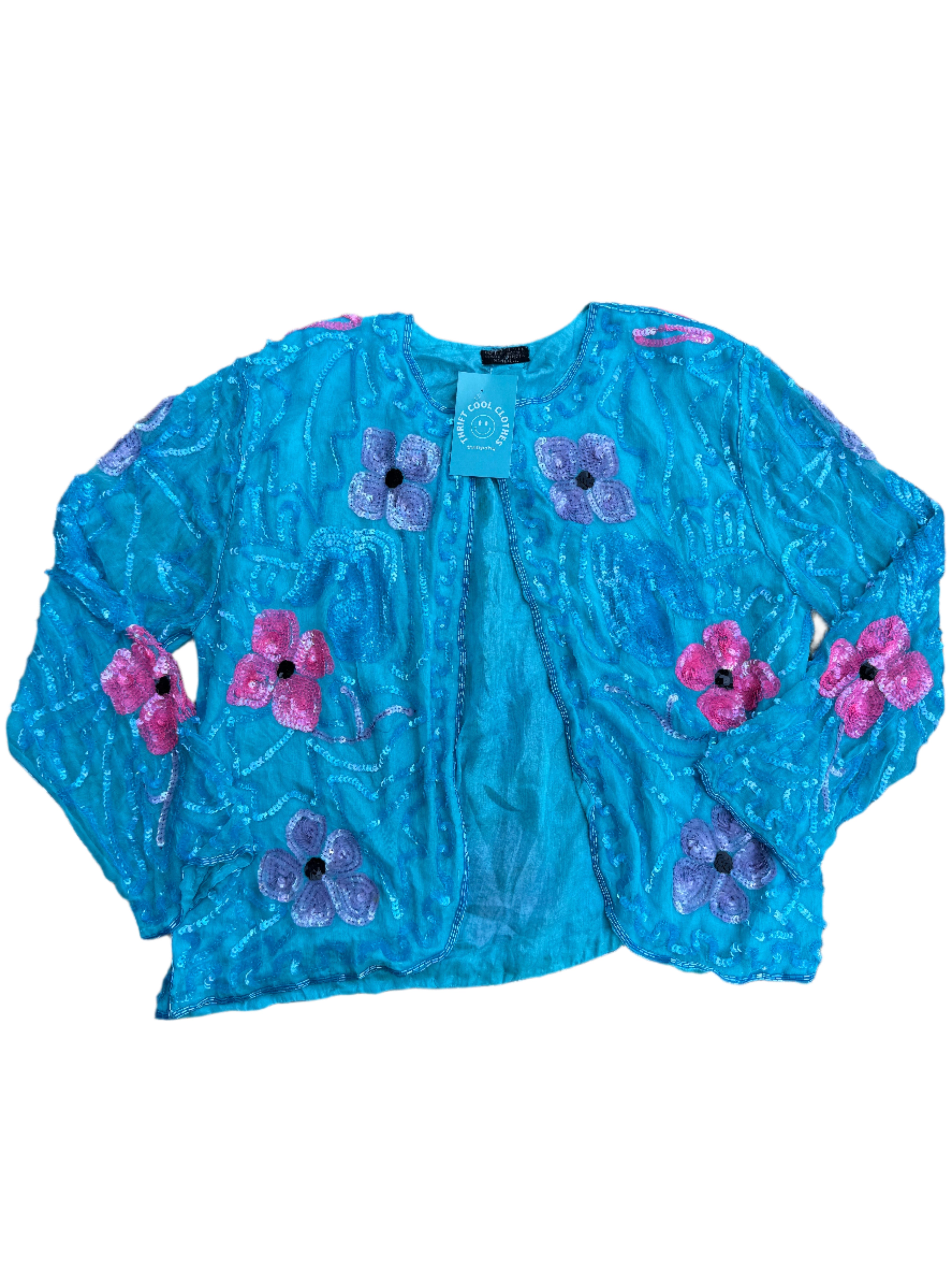 blue sequin flower cardigan, s