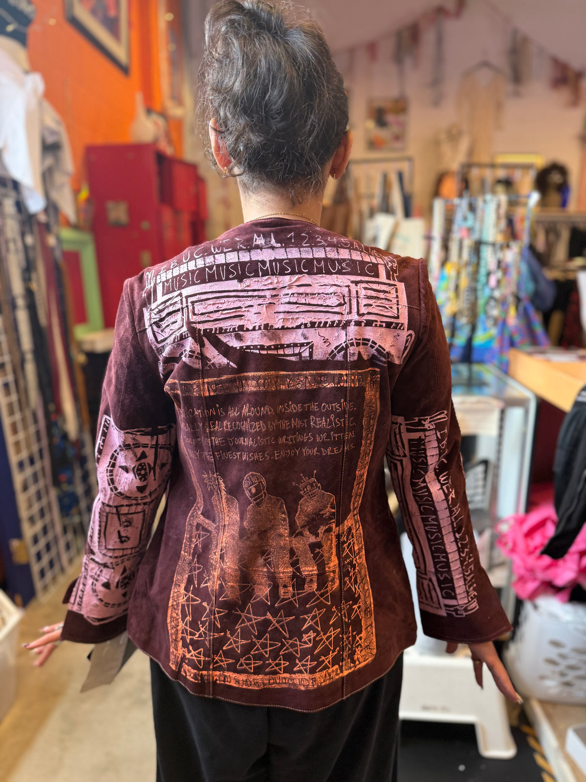 maroon jerry lewis DEADSTOCK screen printed leather jacket, xs