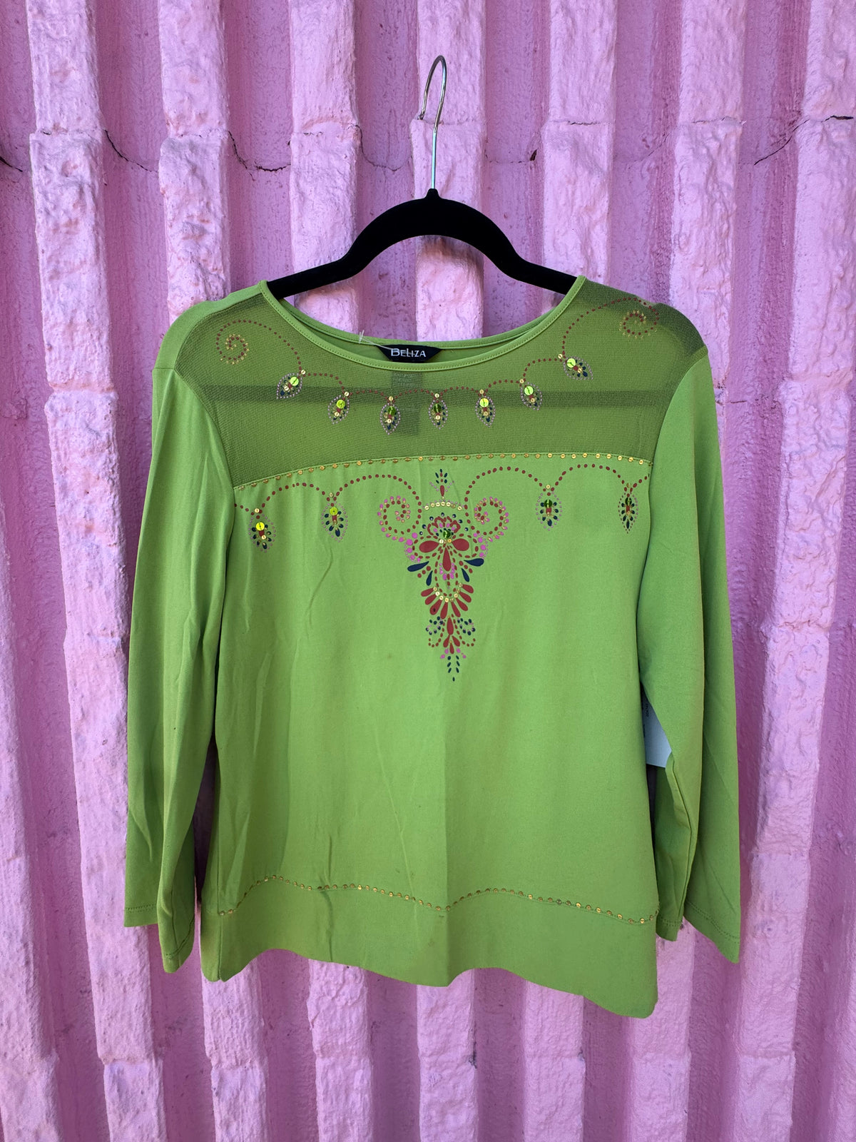 green beliza y2k sliky ls w mesh and sequins, m