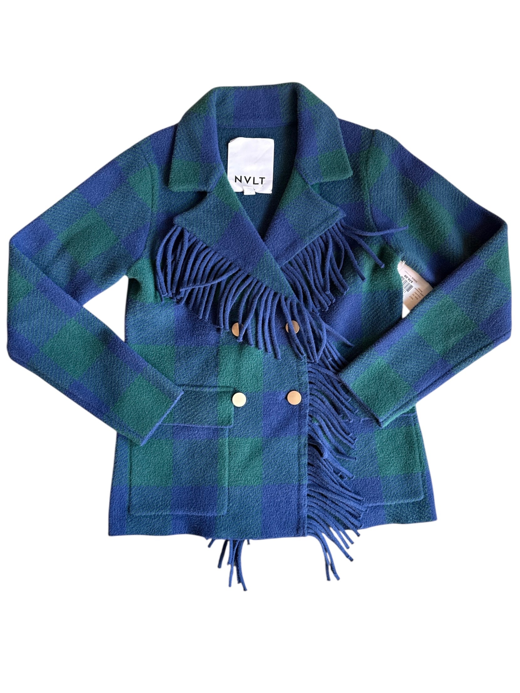 blue green NVLT plaid sweater blazer, xs