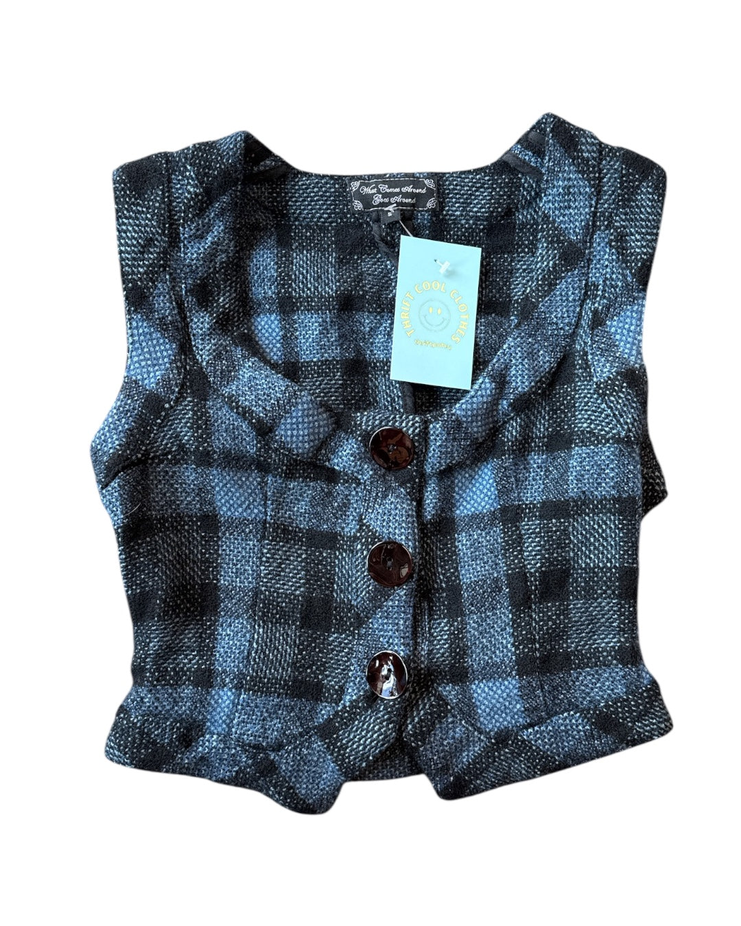 blue black what comes around goes around plaid button down tank, s