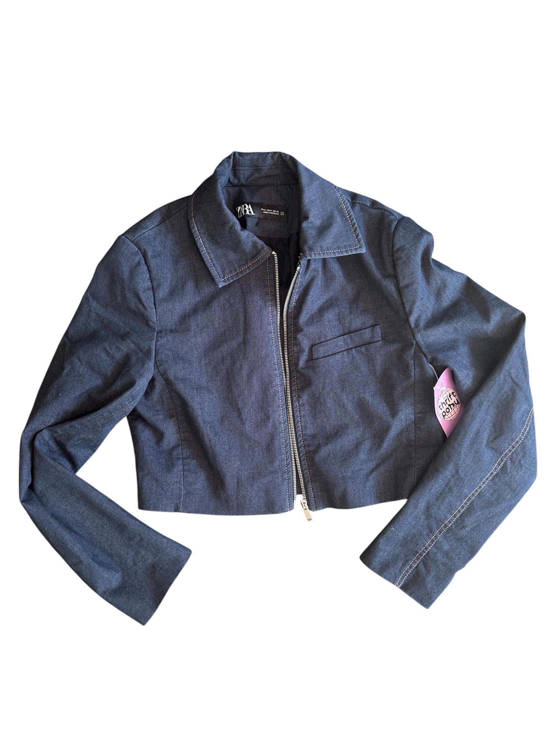 dark wash blue zara denim zip up top, s