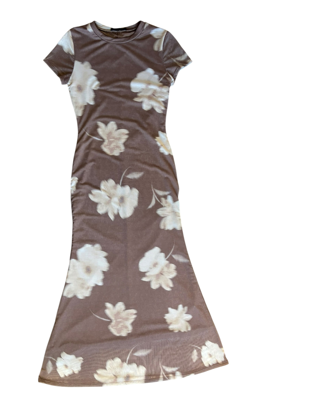 brown see you monday mesh floral maxi dress, s/m