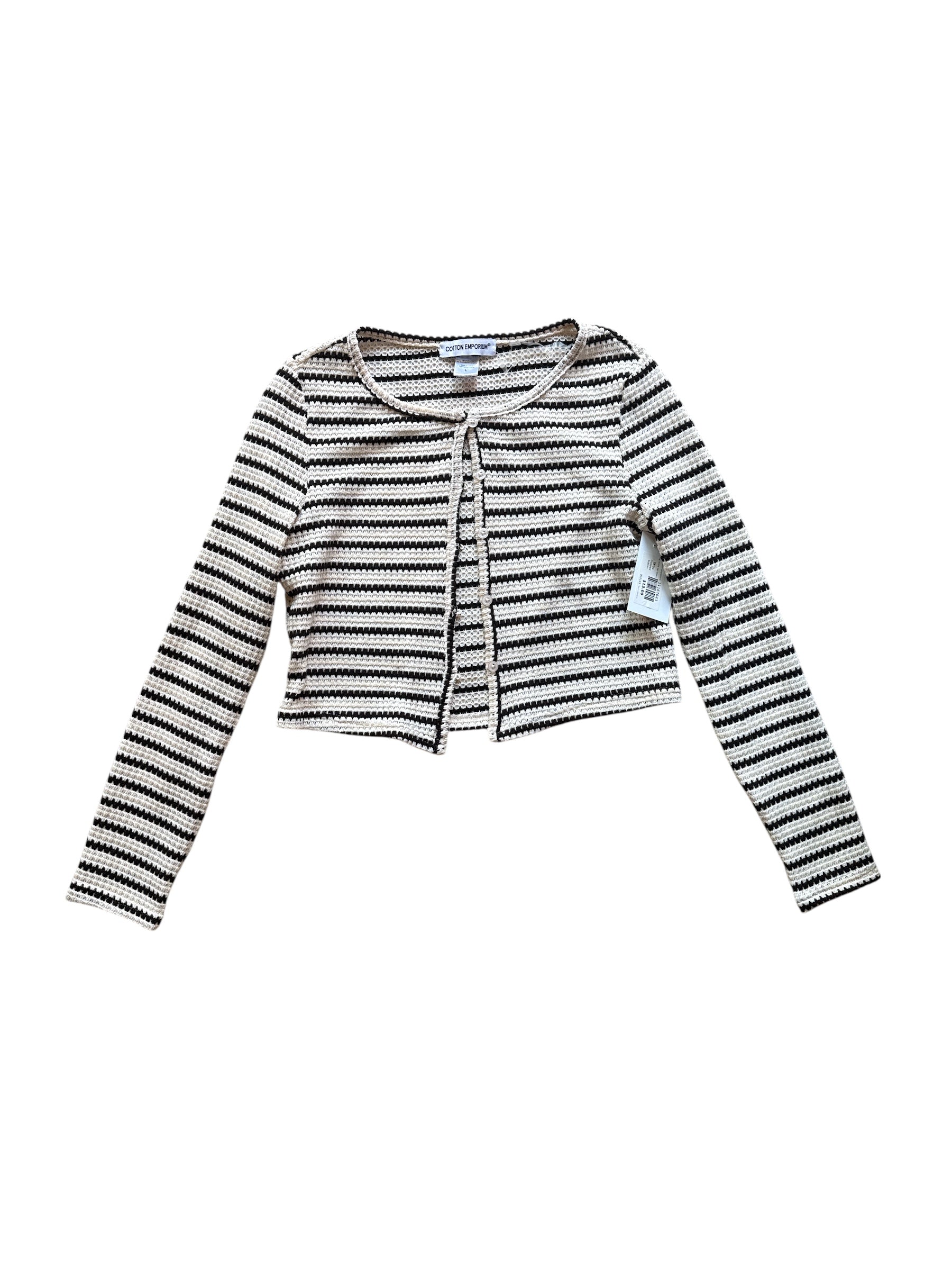 black cotton emporium stripe cropped button sweater, white tan black L