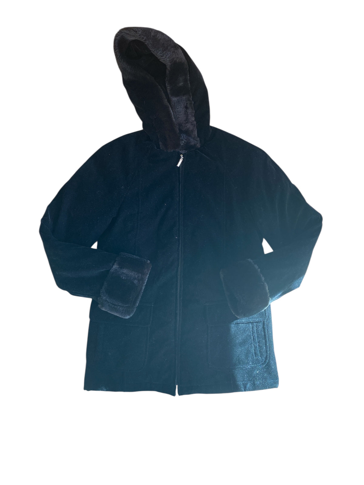 black white stag fur lined zip up jacket, 4/6 small