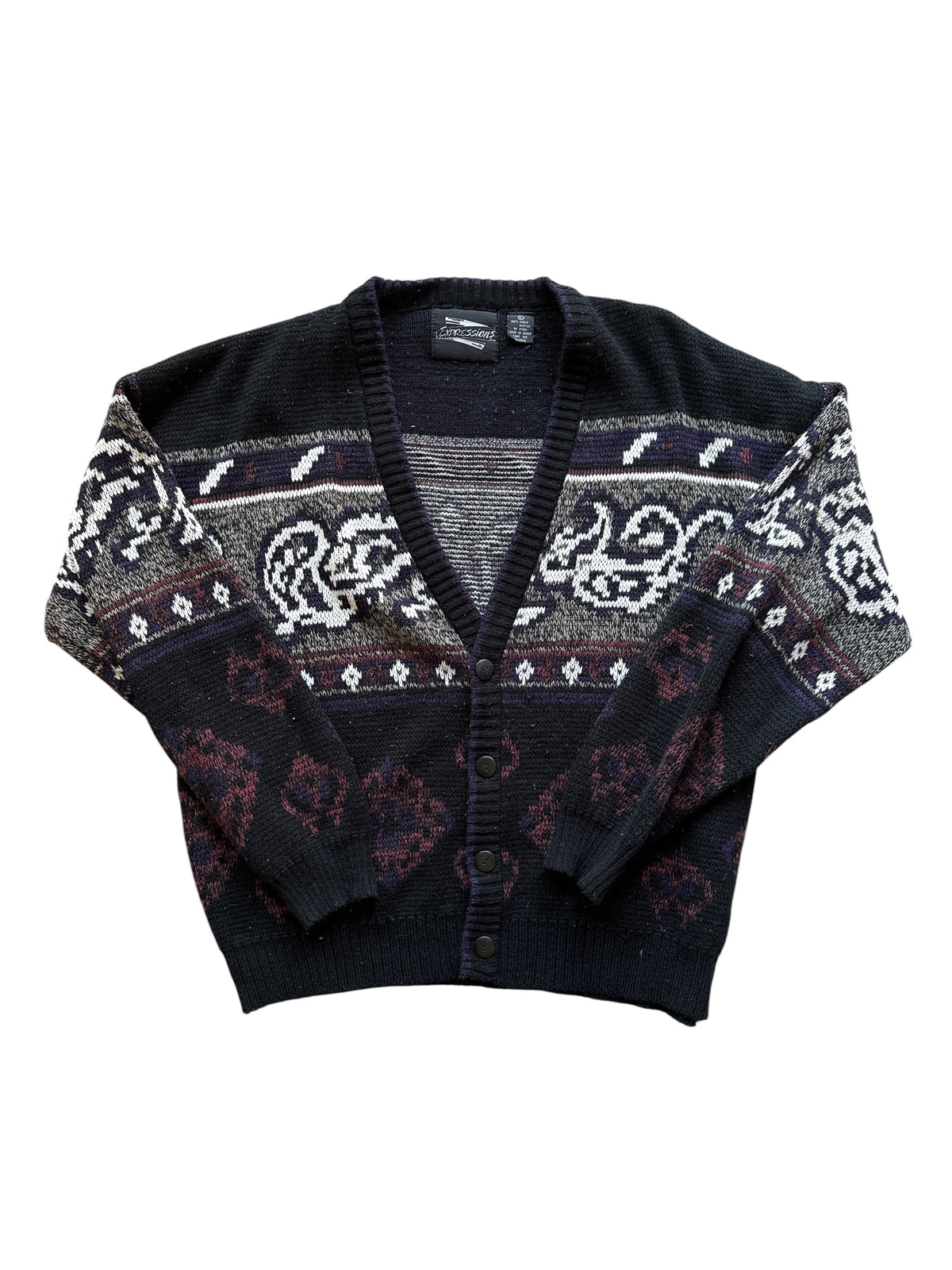 Black brown Expressions Vintage pattern knit mens cardigan, L