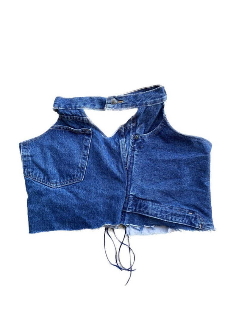 dark blue handmade upcycled denim cropped halter top, L