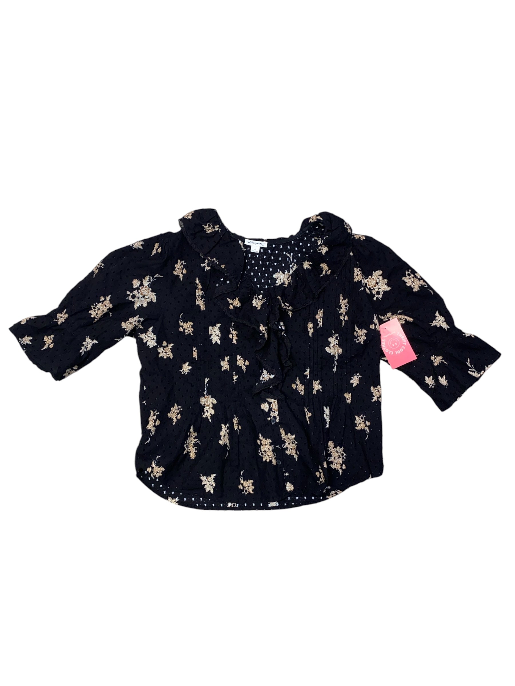Black Ultra pink Ruffle trim ls blouse, M
