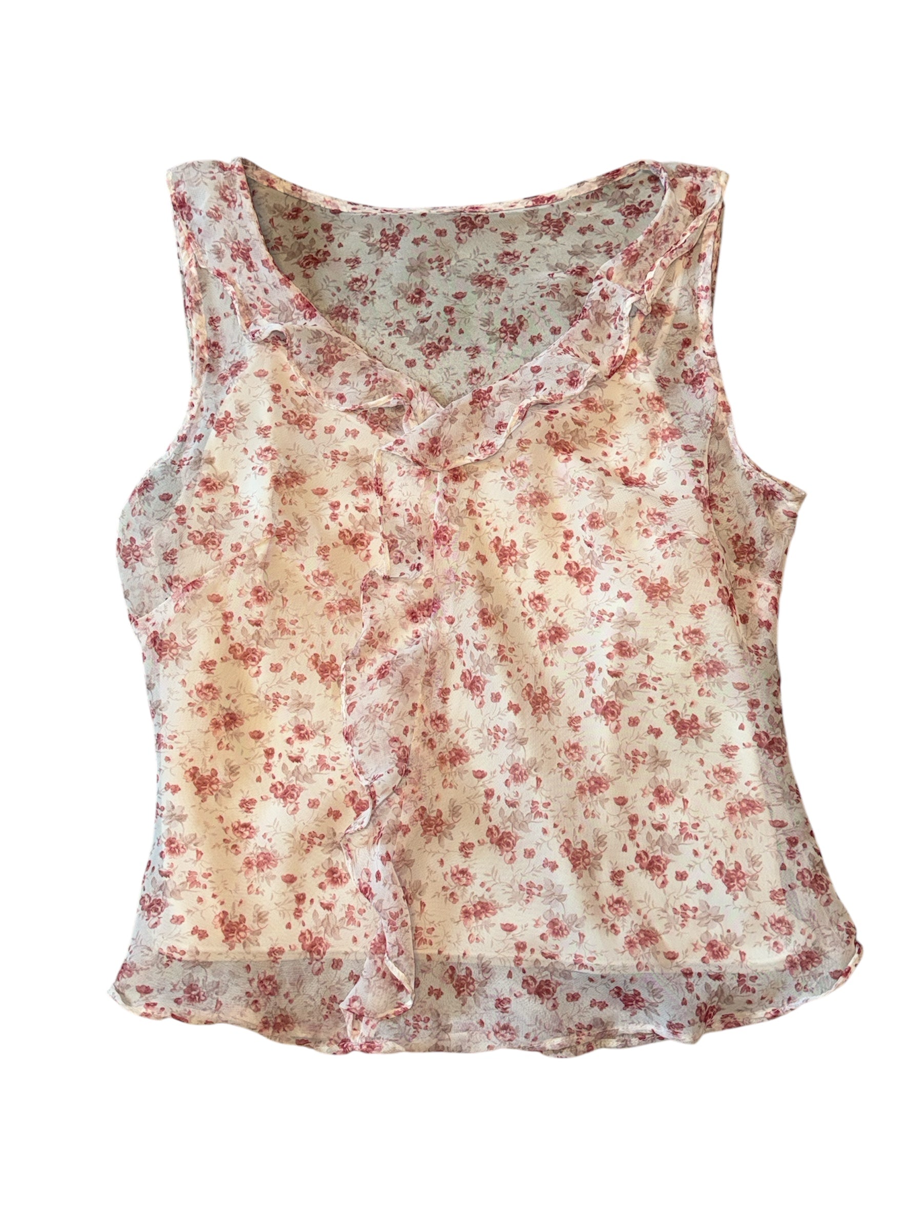 White pink Sheer floral ruffle tank, M