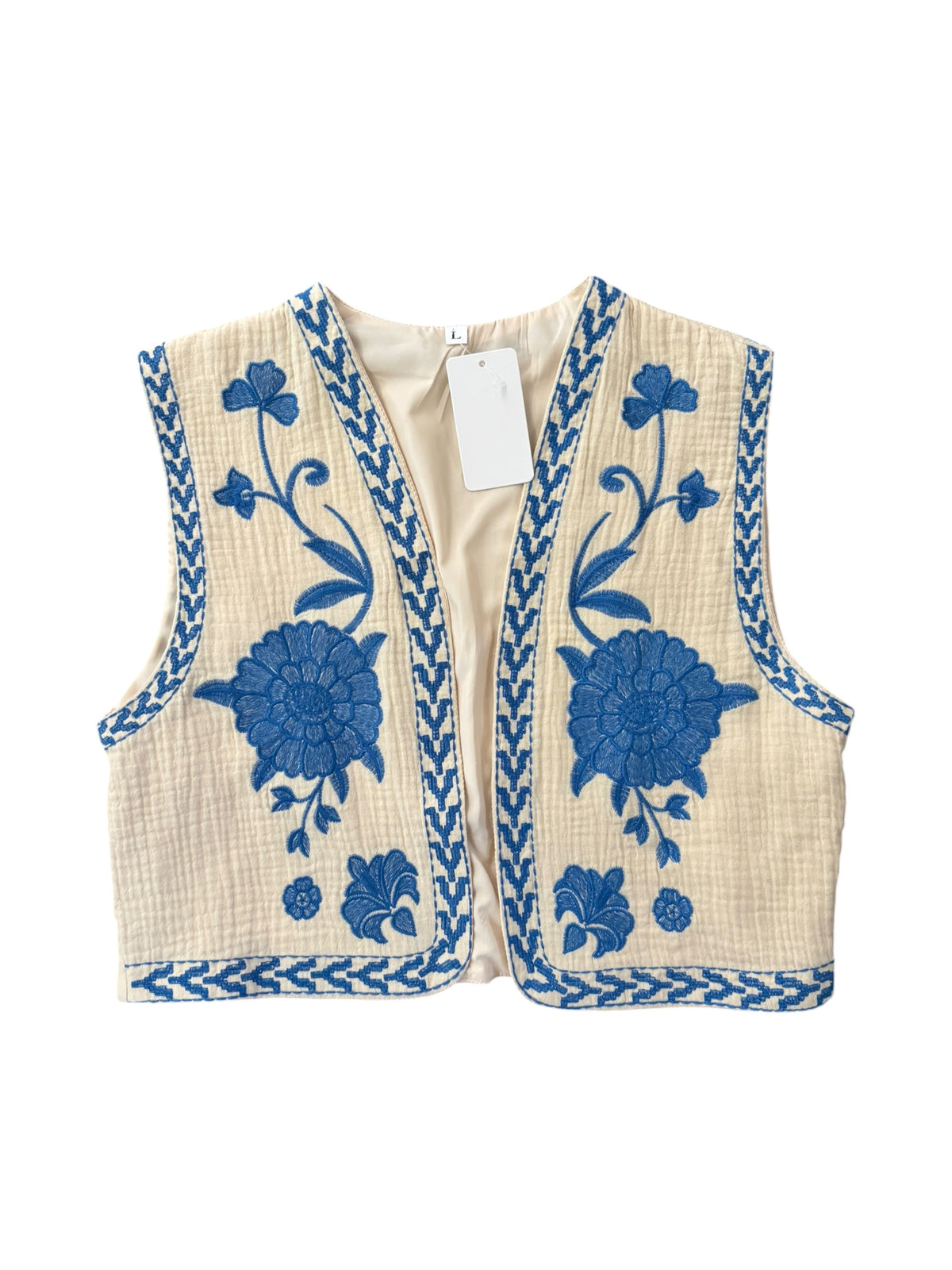 cream blue NWT embroided vest, L