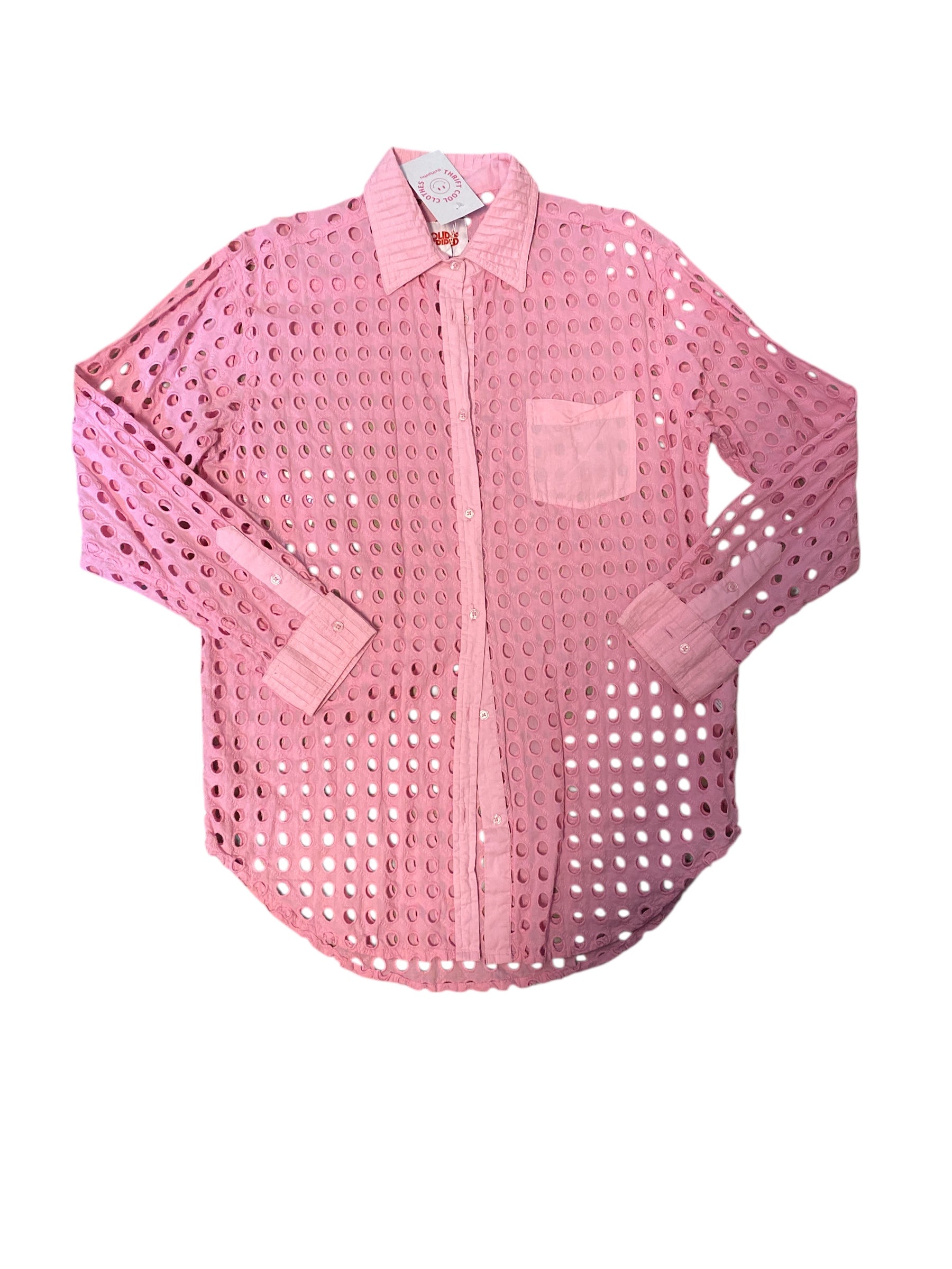 Pink solid & striped Button down with circle cutouts, S