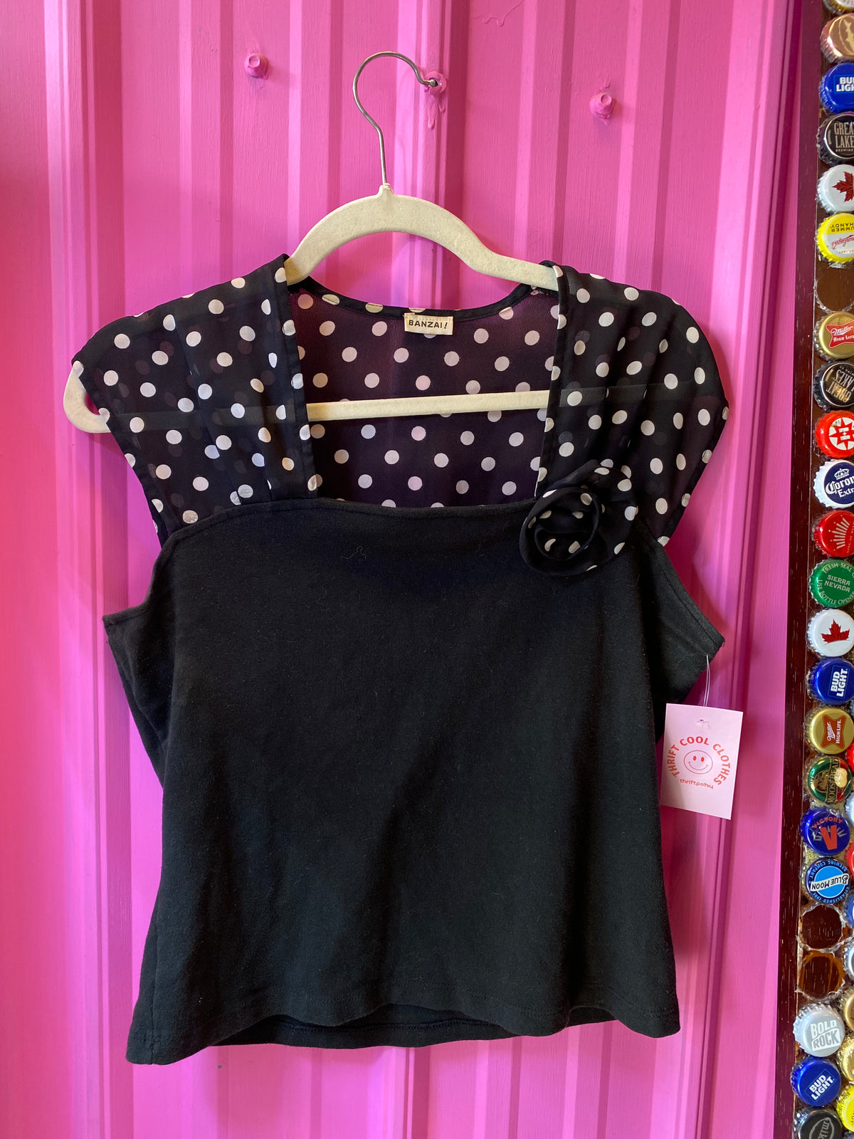 B&w Banza! Square neck rosette polka top, L