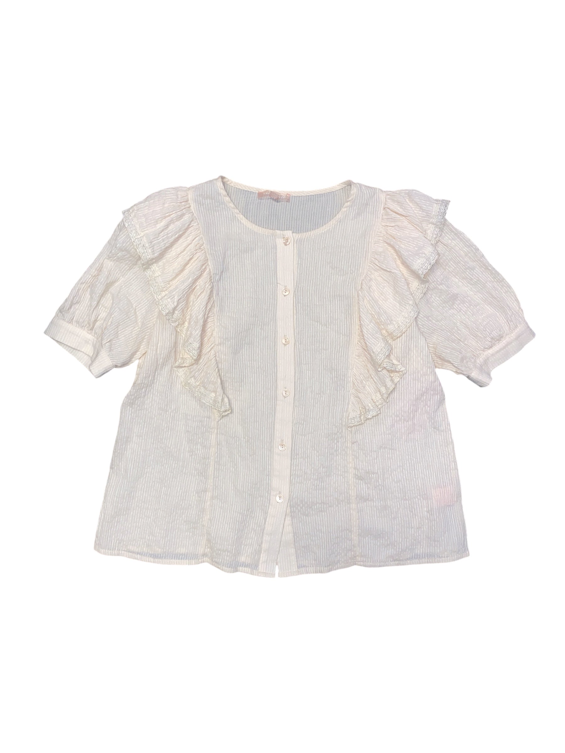yellow lovecolette Ribbed ruffle button puff sleeve top, m