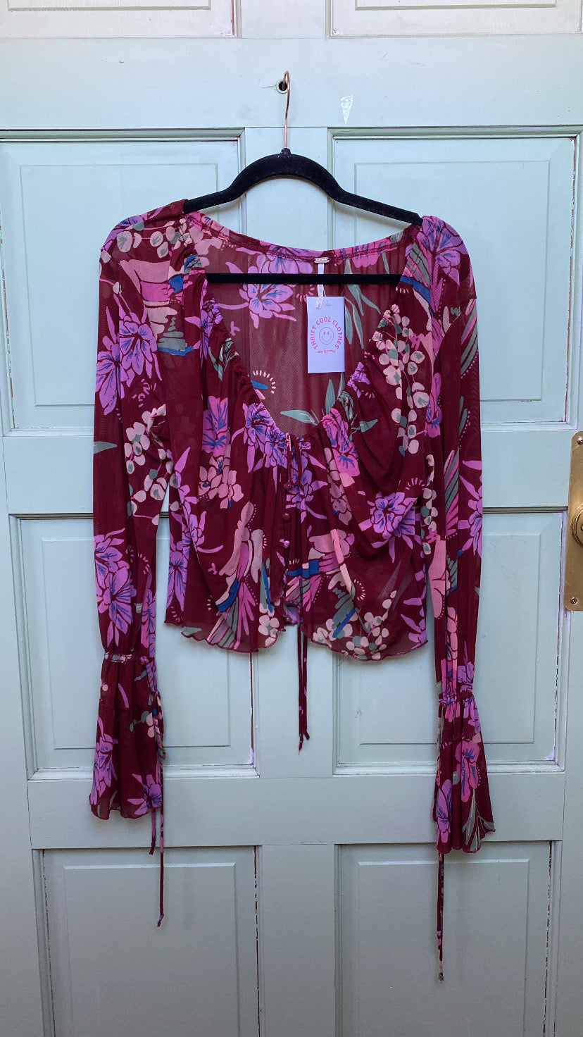 maroon pink free people floral mesh long sleeve, L