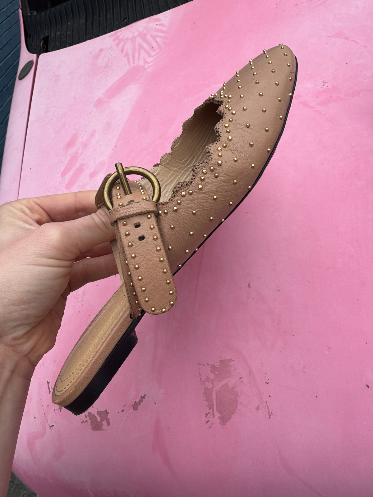 tan gold chloe studded slip on mary jane flats, 36.5