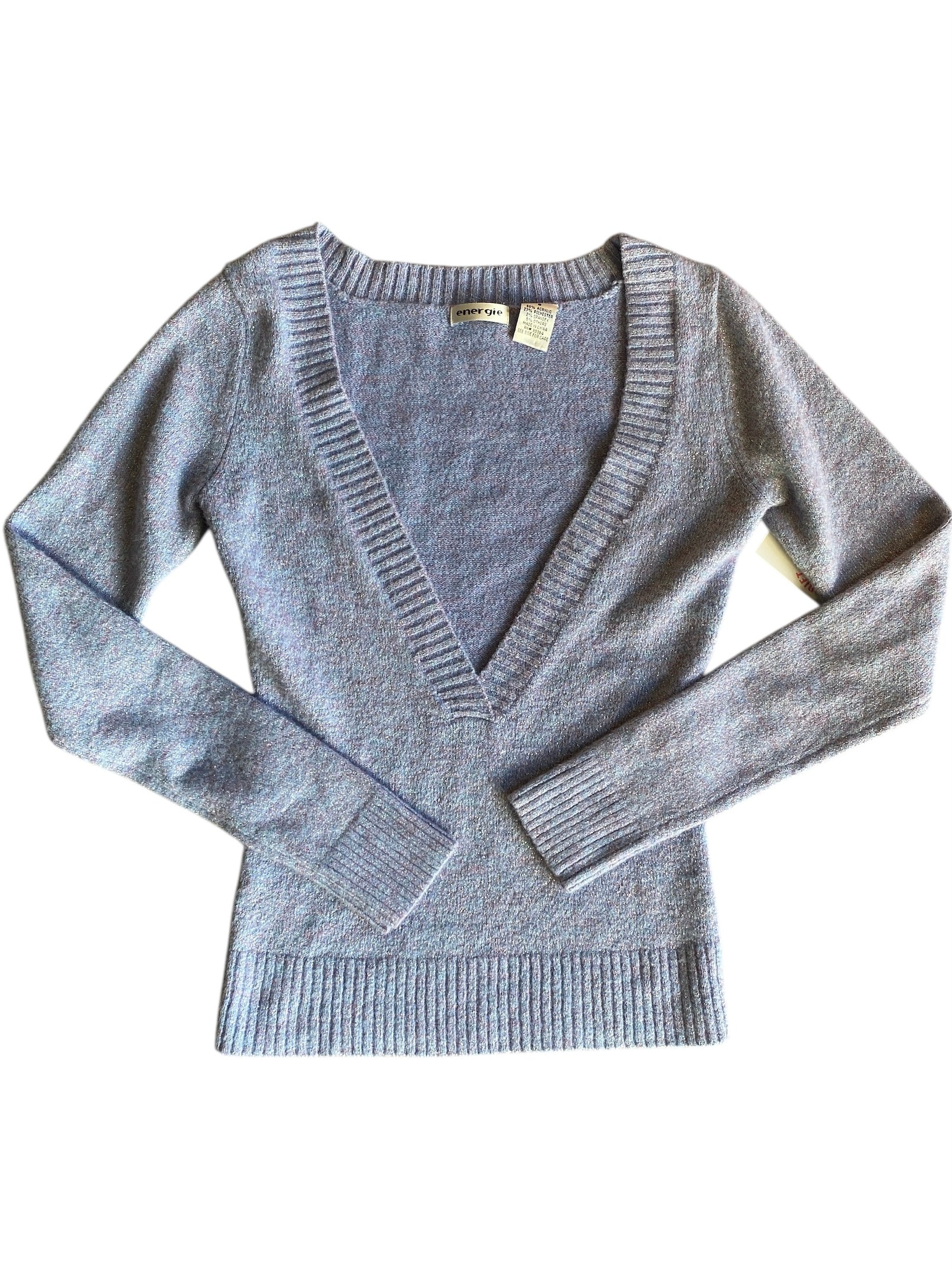 purple energie soft tinsel v neck sweater, s