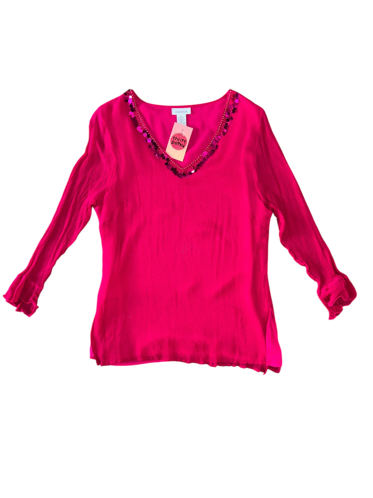 pink avenue silk v neck blouse w sequins, 14/16