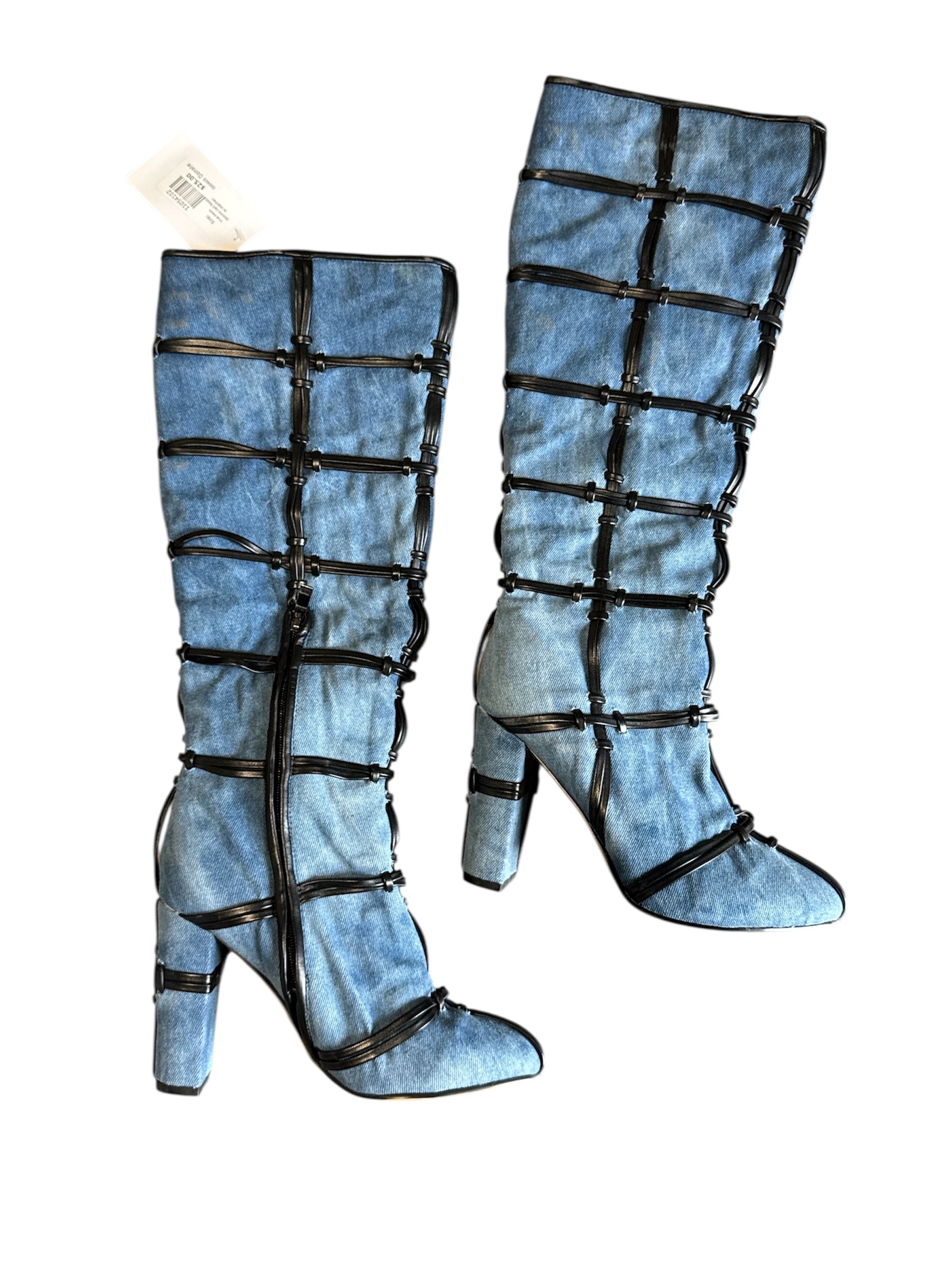 blue black denim tall boots w leather details, 38 (fits like 8)