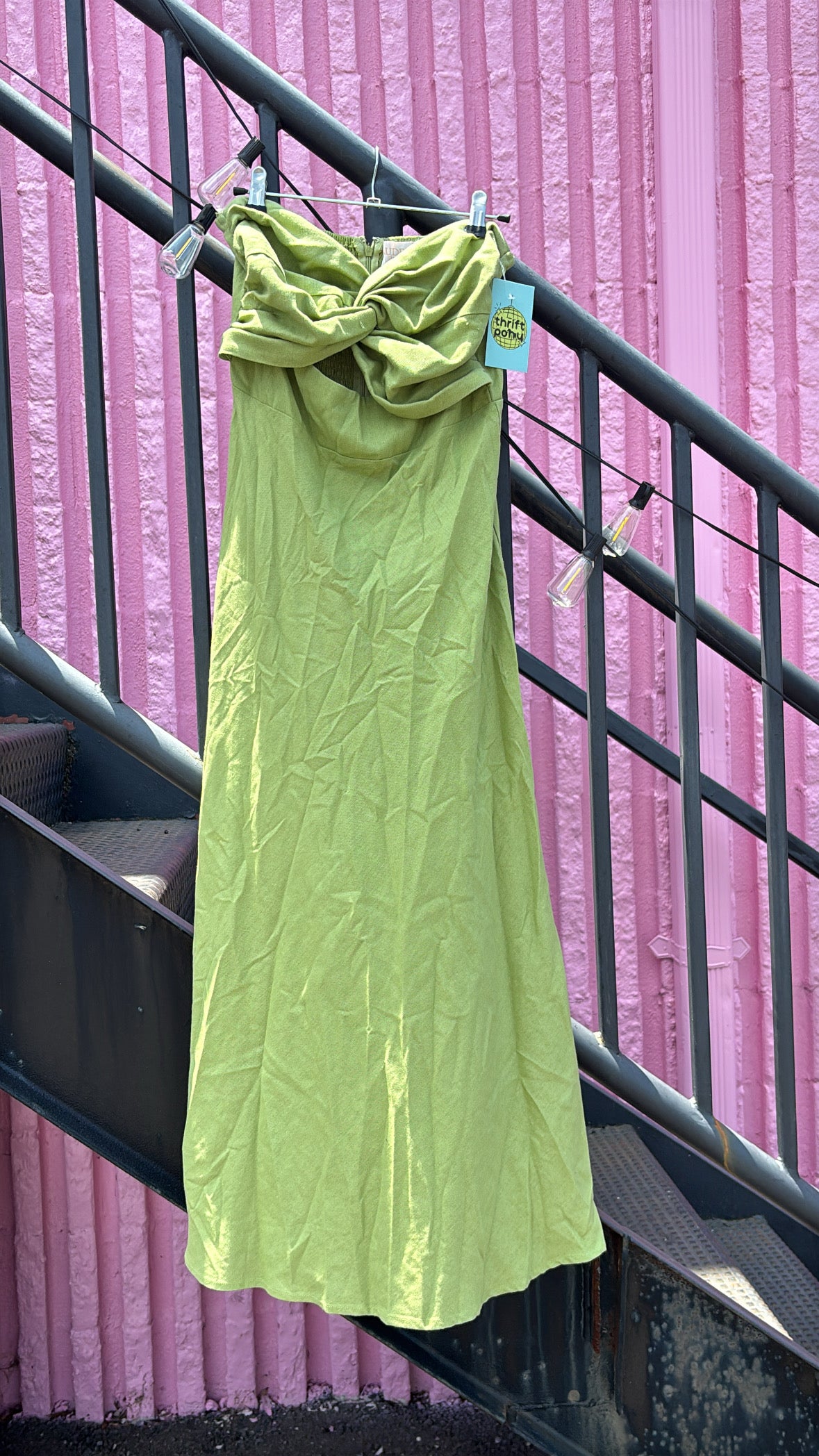 green audrey parks twist front strapless dress, s