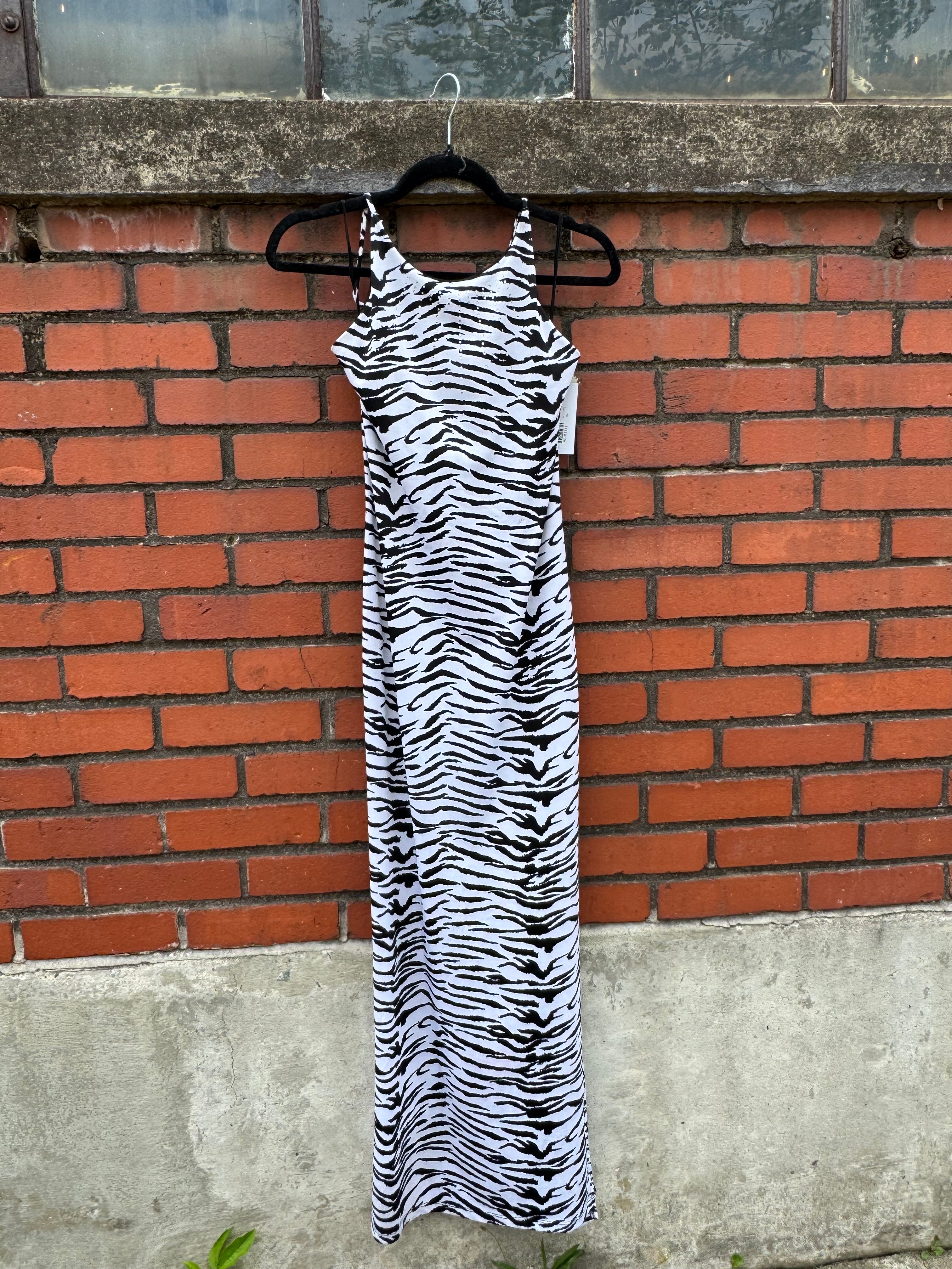 white black Pia Rhinestone zebra maxi dress, S/M