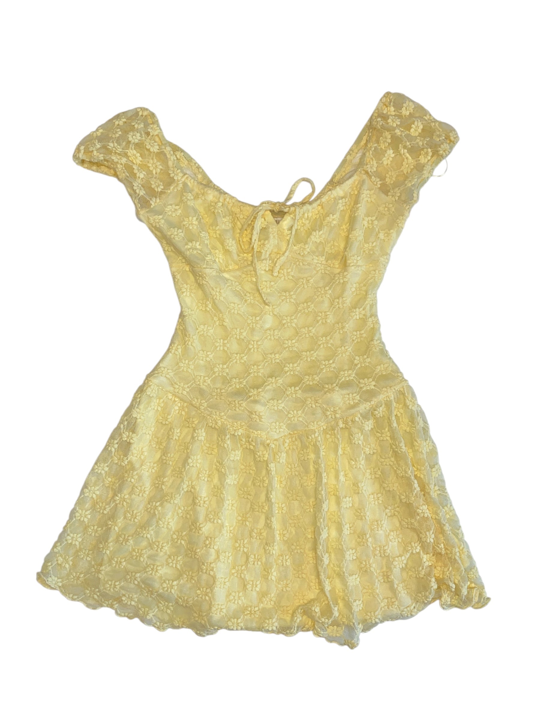 yellow thirty thirty lace puff sleeve mini dress, s