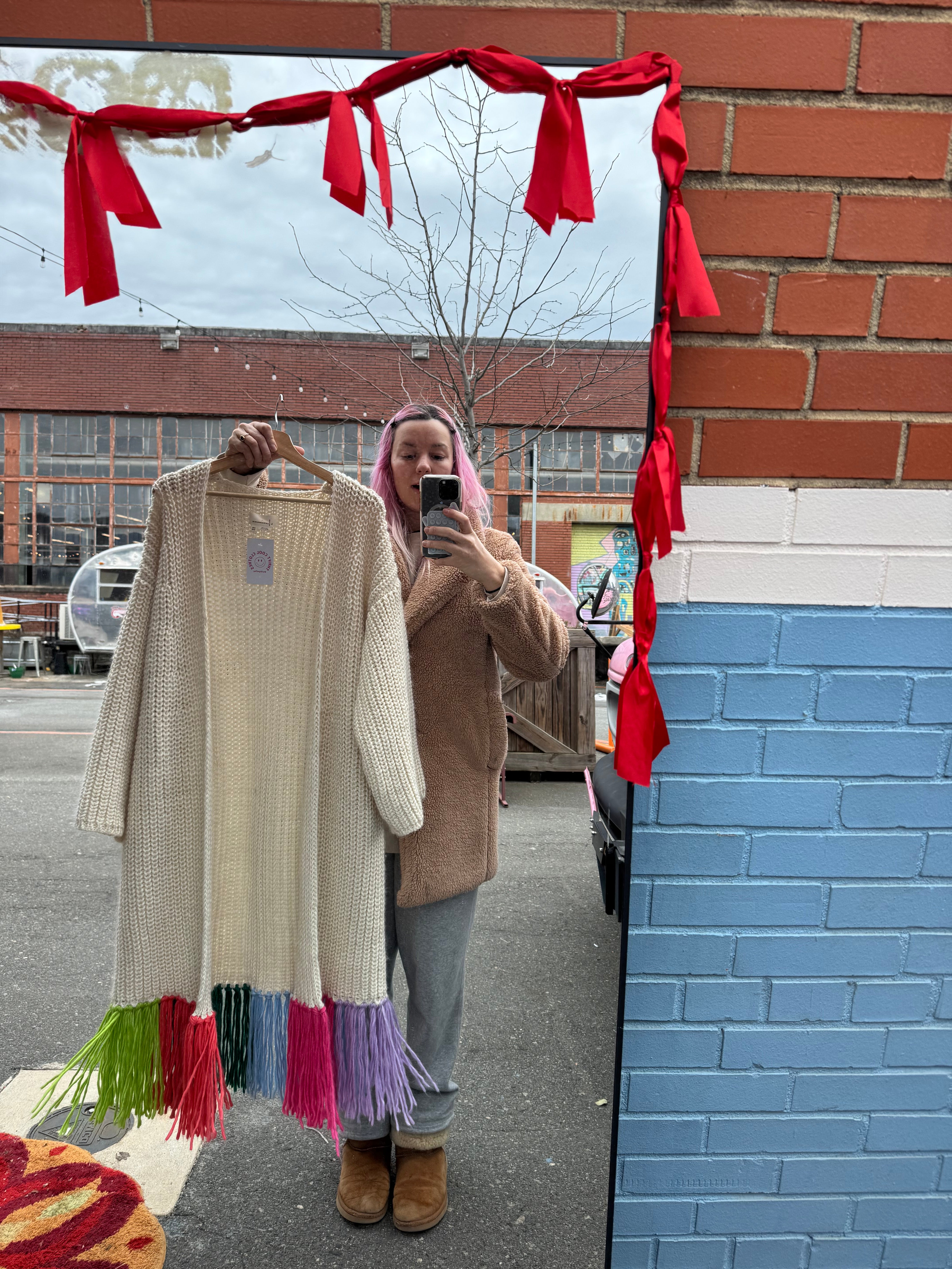 cream pink blue anthropologie long thick cardigan w fringe, osfm