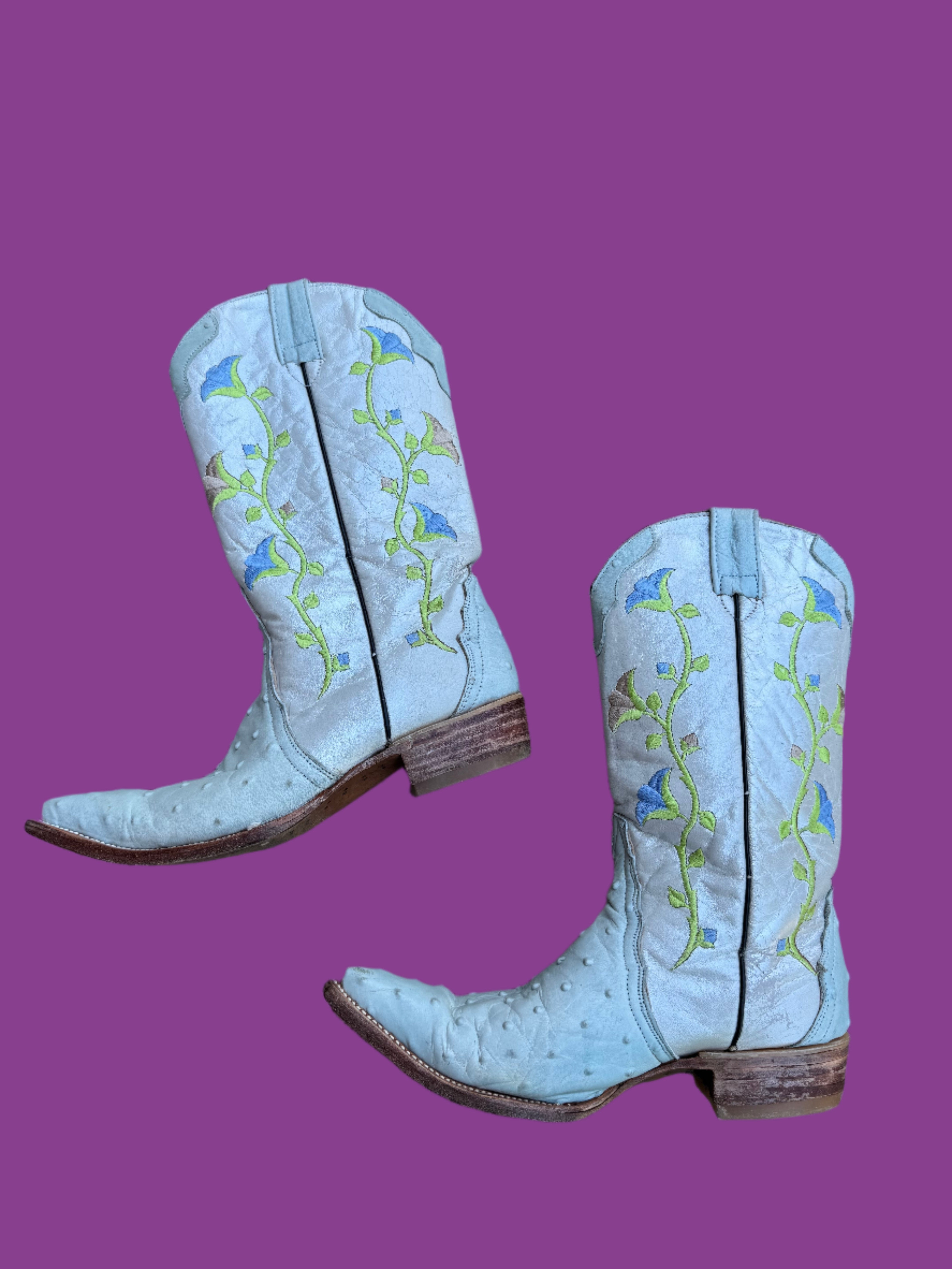 teal green vtg leather floral cowboy boots, 7-7.5 women